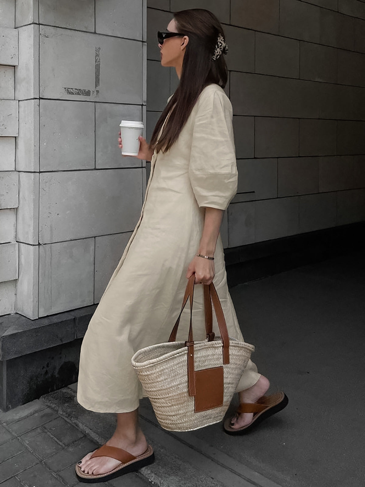 Vestido Largo De Lino Con Botones Yiwu Algodón 60 Lino 40