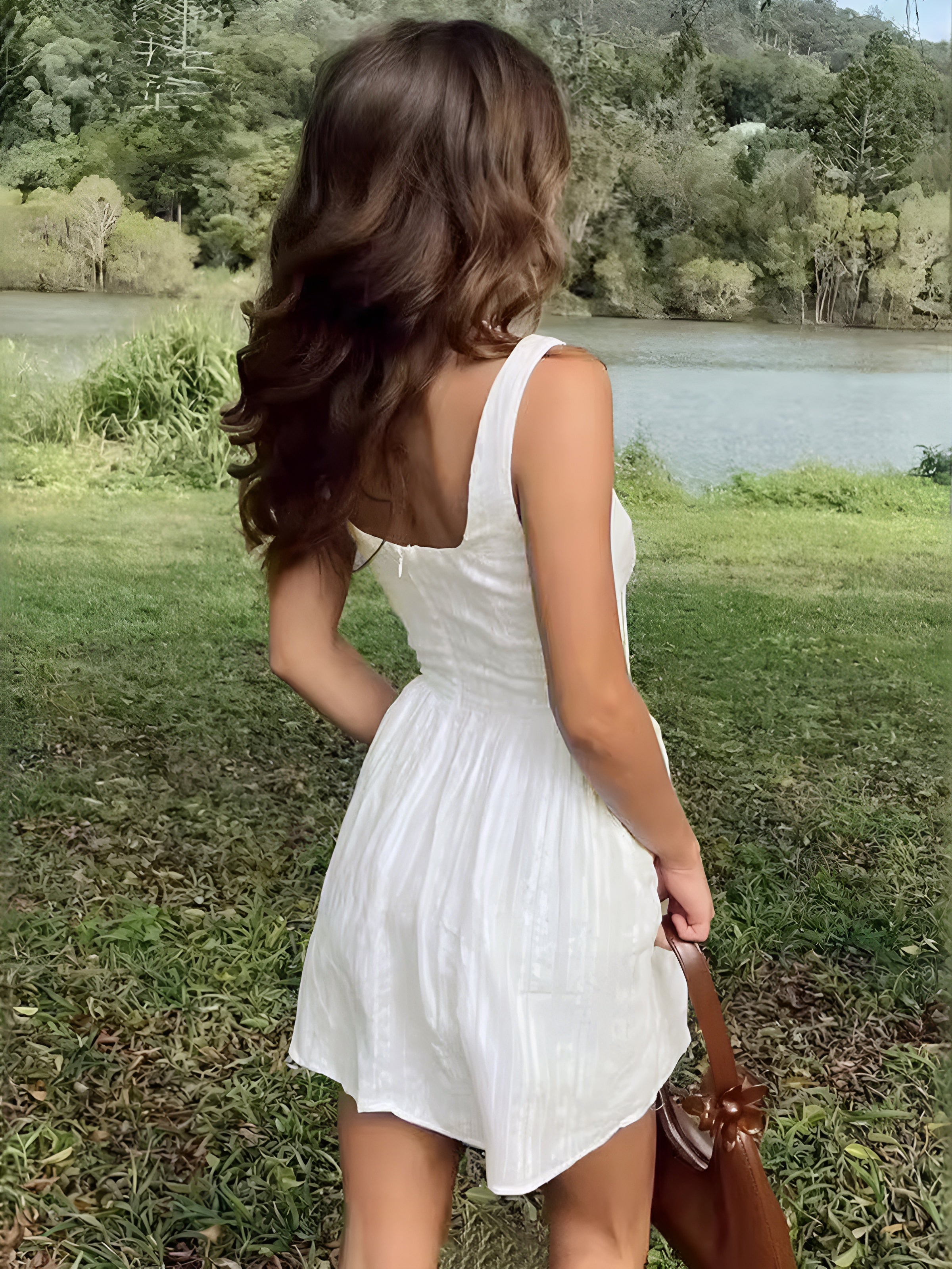Vestido Corto Con Cuello Cuadrado En Algodón Mezclado