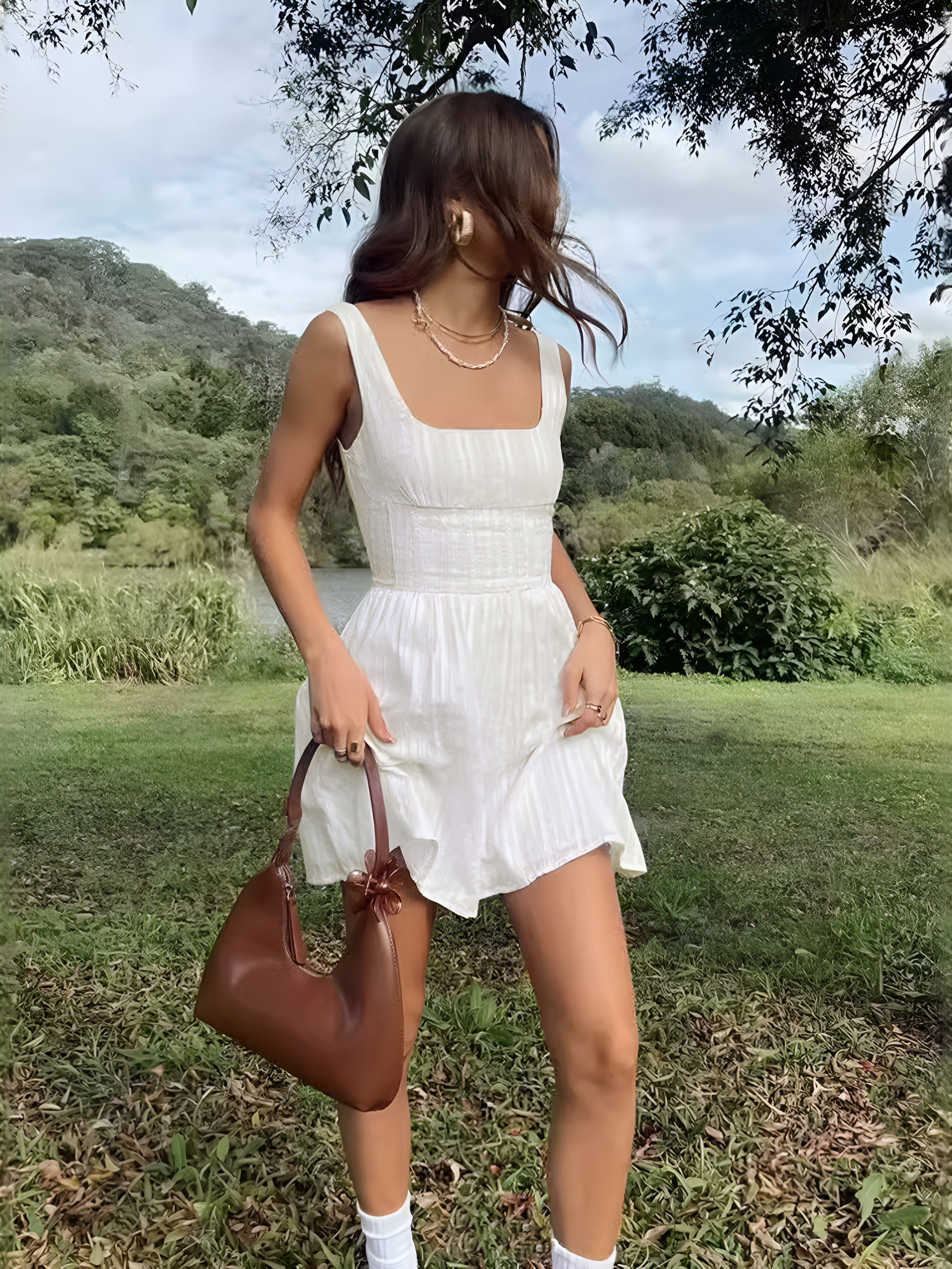 Vestido Corto Con Cuello Cuadrado En Algodón Mezclado