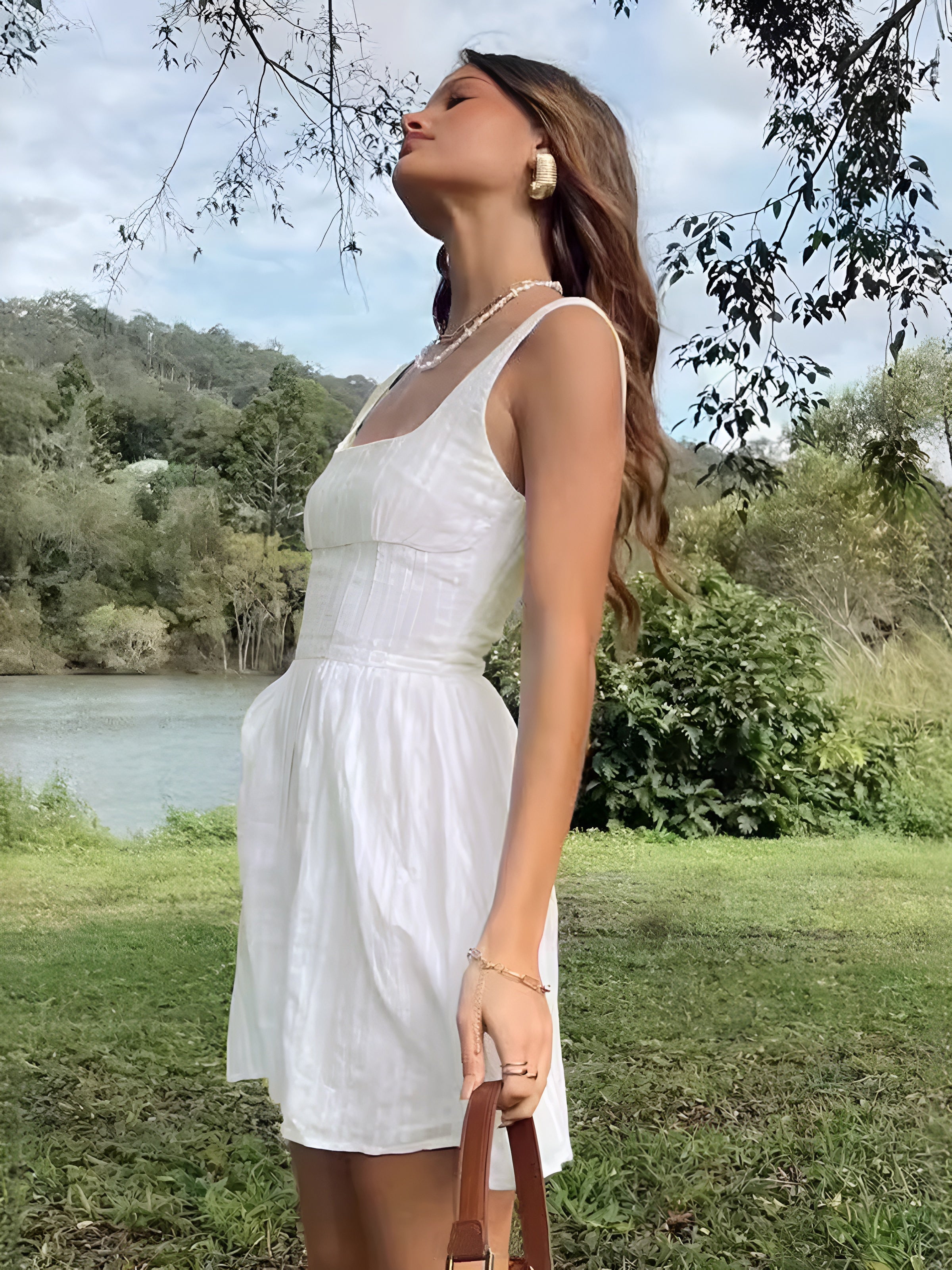 Vestido Corto Con Cuello Cuadrado En Algodón Mezclado