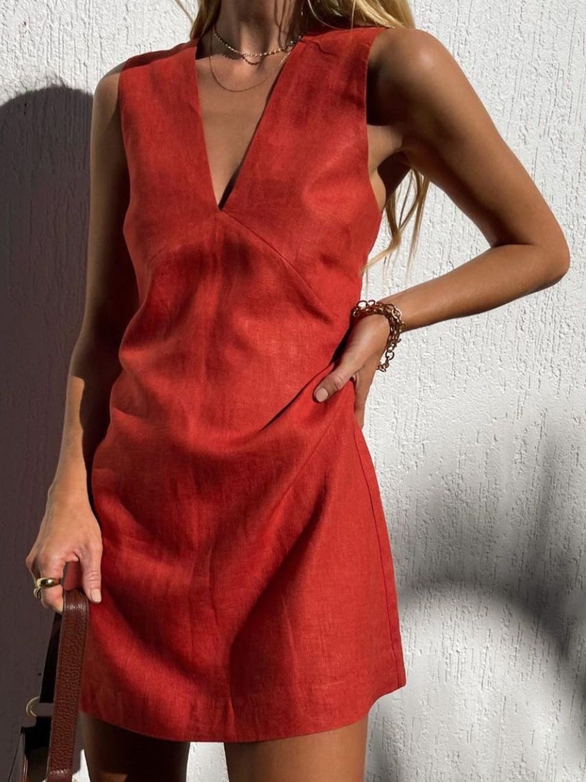 Vestido Corto De Algodón Y Lino Con Escote En V Casual
