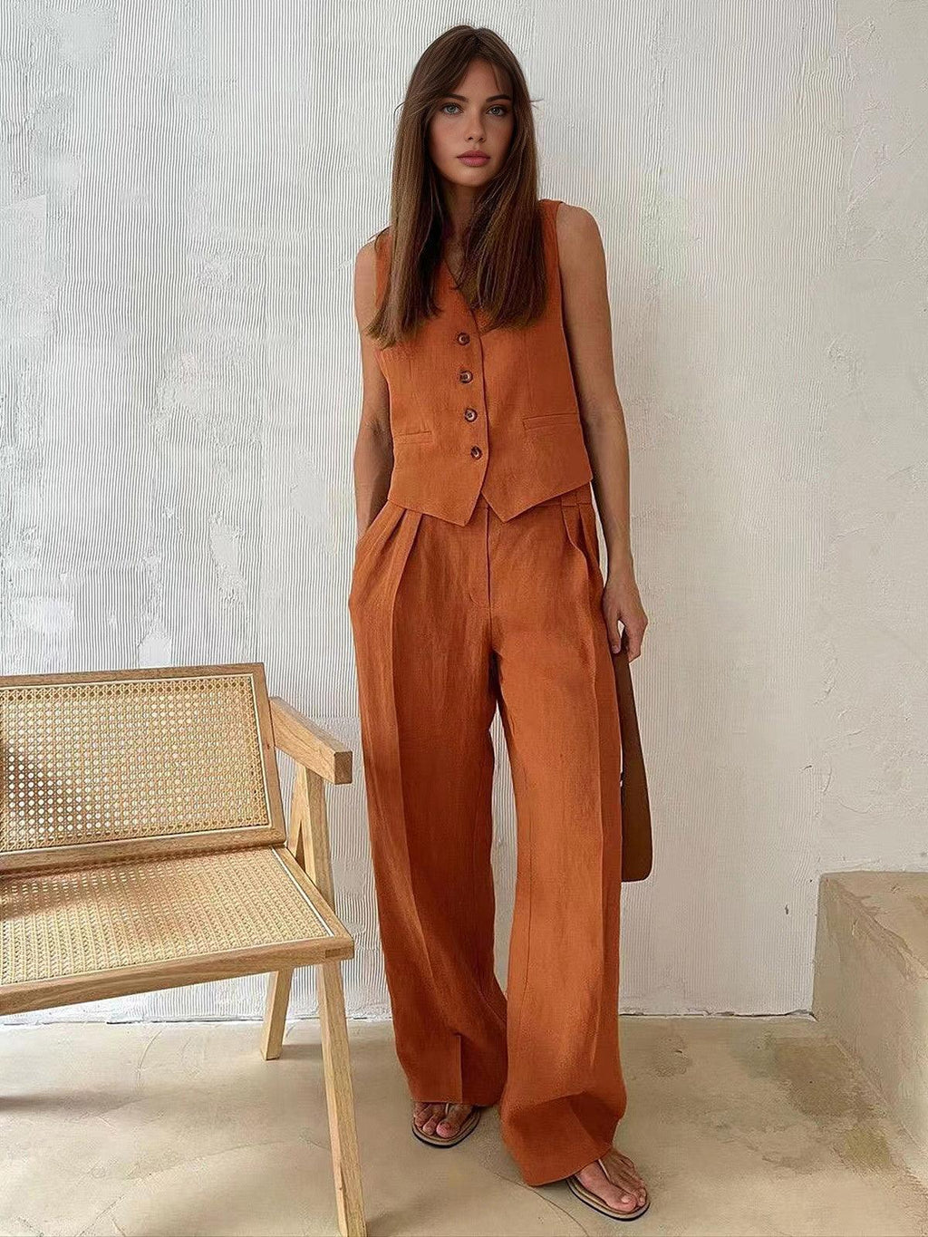 Conjunto Chaleco y Pantalón de Lino Naranja Silueta Moderna