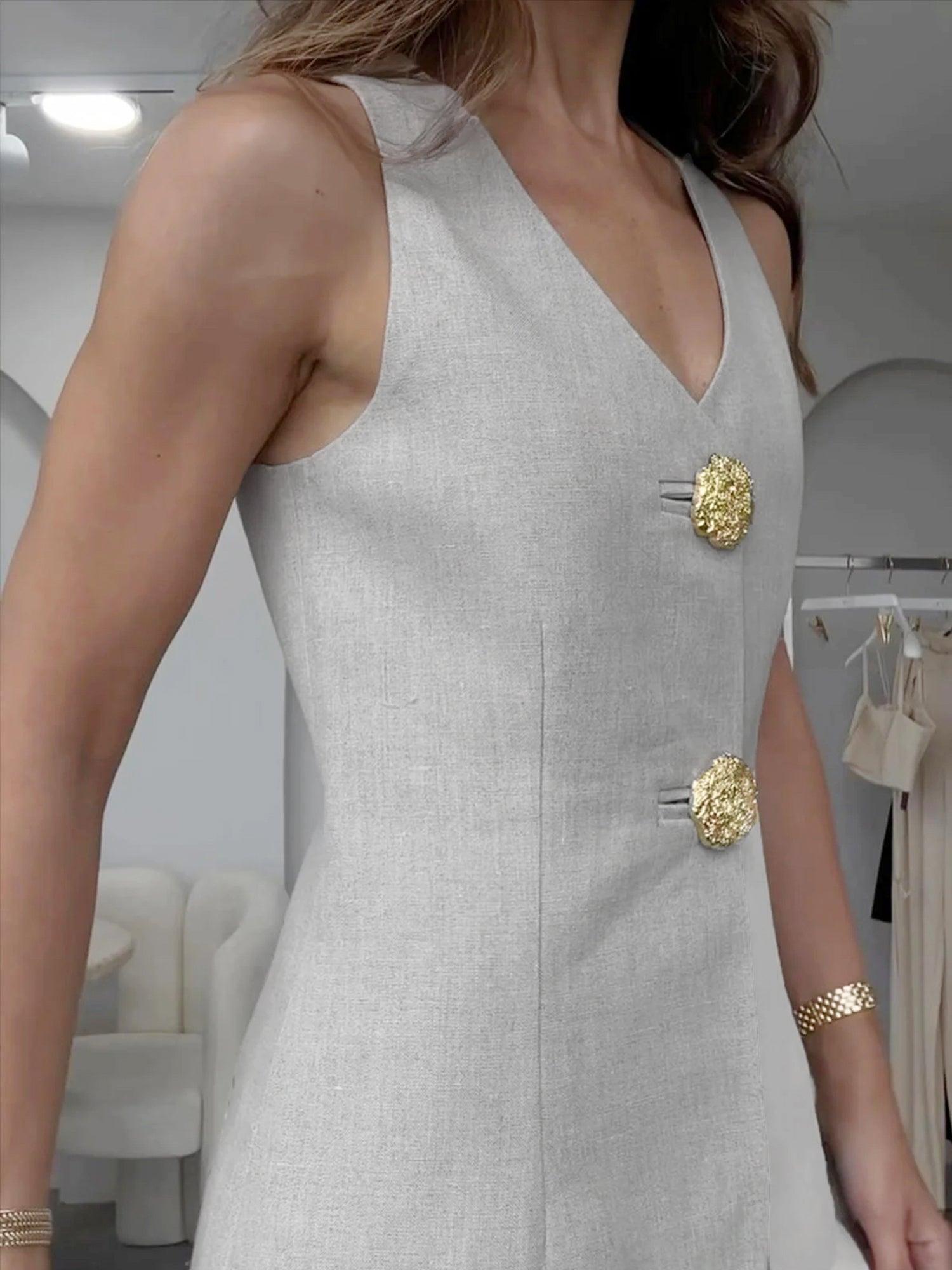 Conjunto Chaleco Y Pantalón Beige Con Botones Dorados