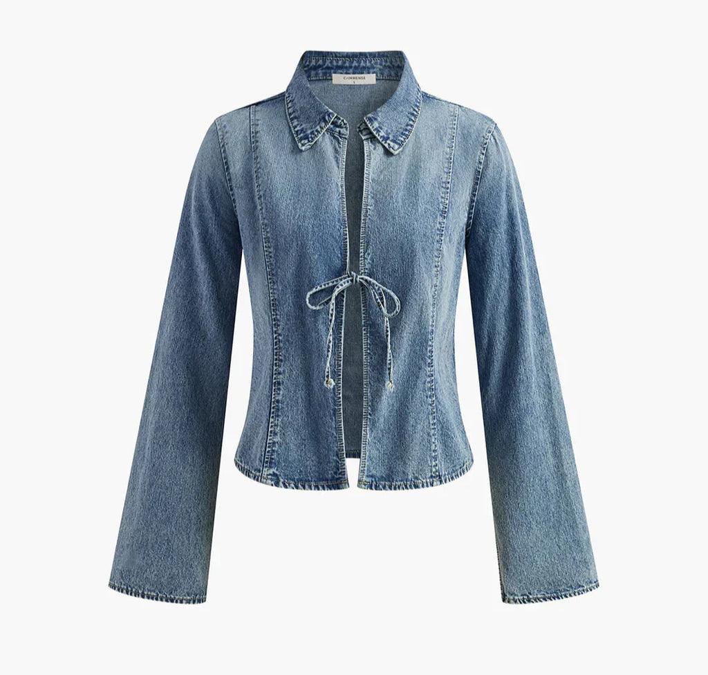 Camisa Minimalista de Denim Azul con Detalle de Cordón