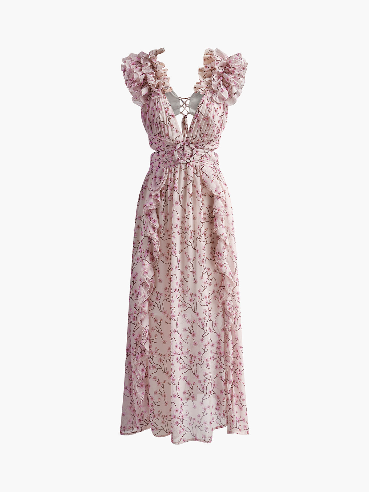 Vestido Midi Chifón Espalda Abierta Con Escote V Y Volantes