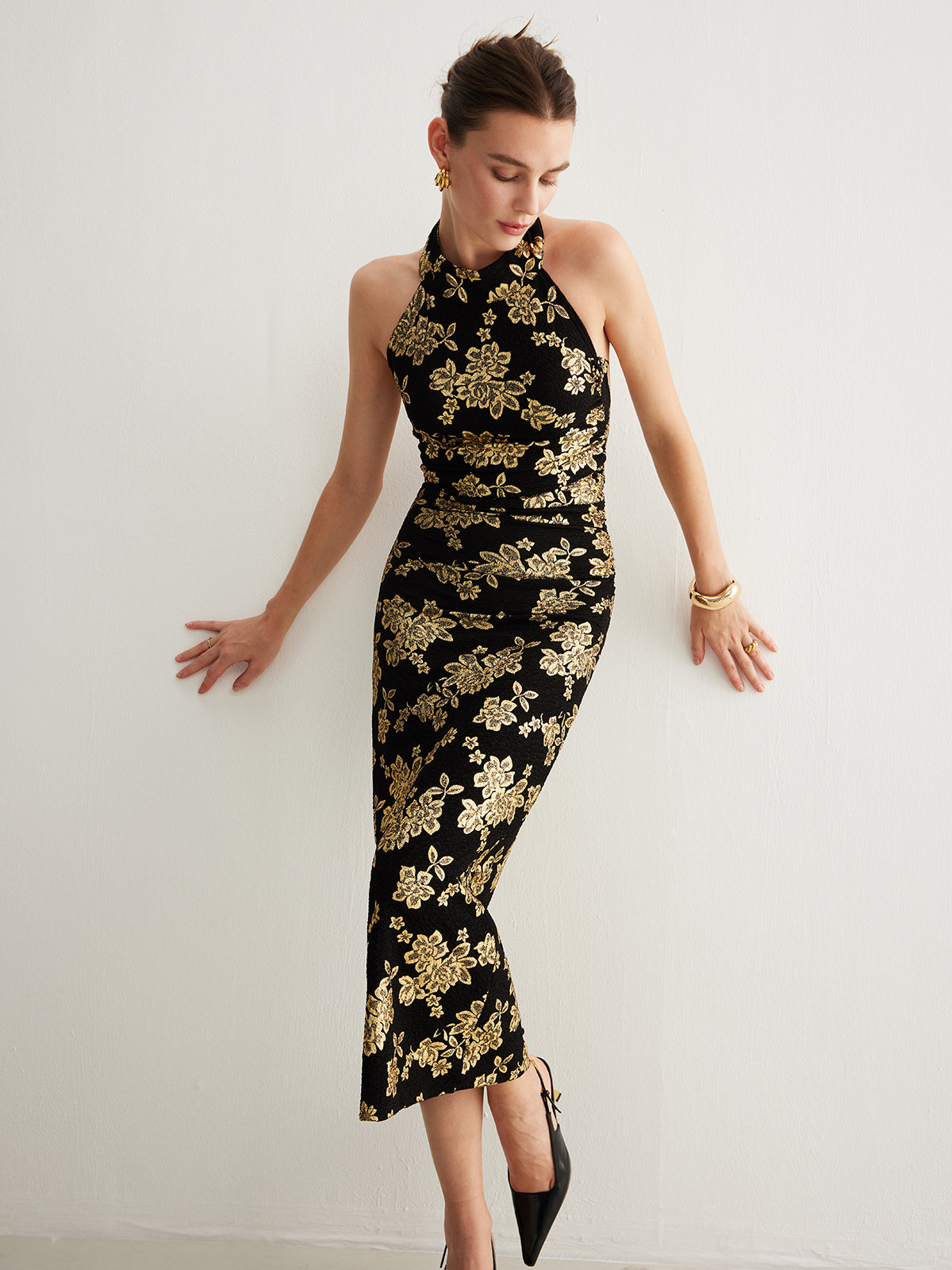 Vestido Halter Retro Ajustado Sin Espalda Con Cuello Alto