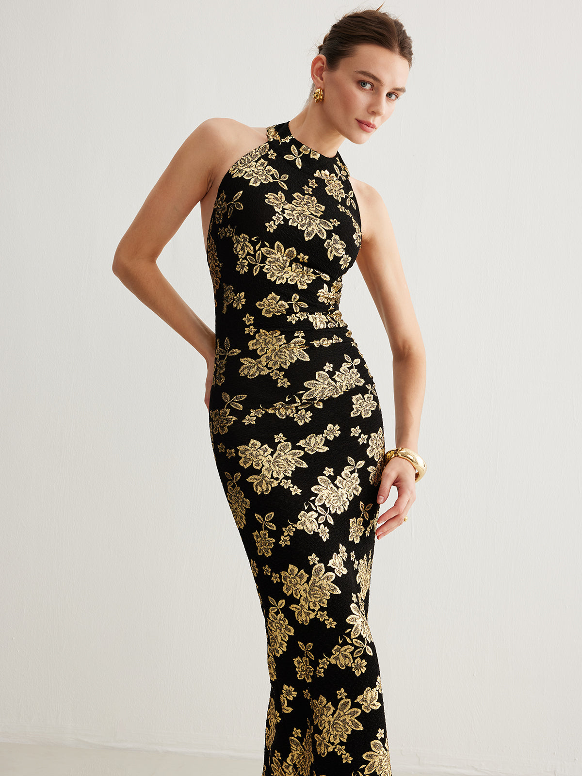 Vestido Halter Retro Ajustado Sin Espalda Con Cuello Alto