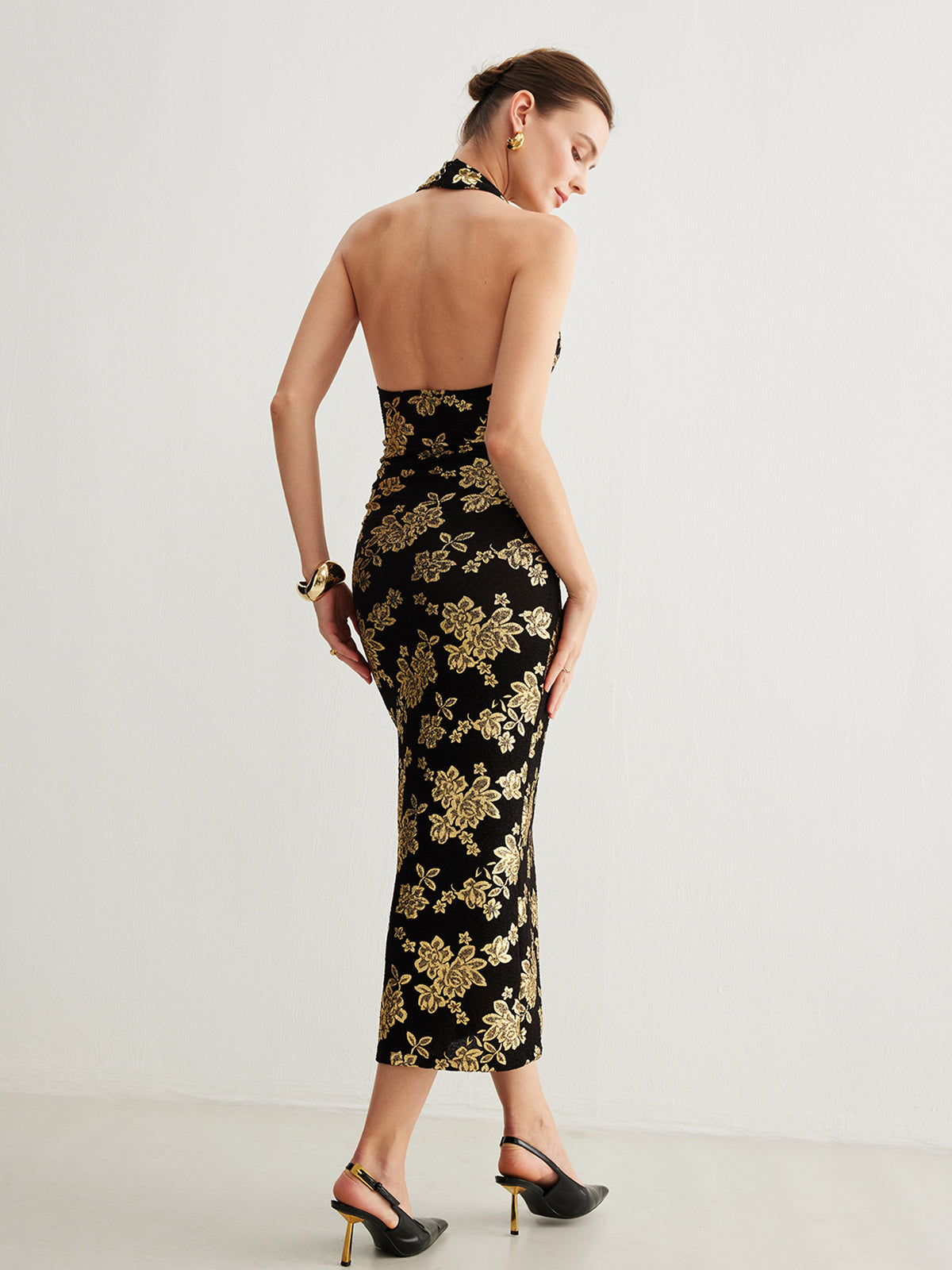 Vestido Halter Retro Ajustado Sin Espalda Con Cuello Alto