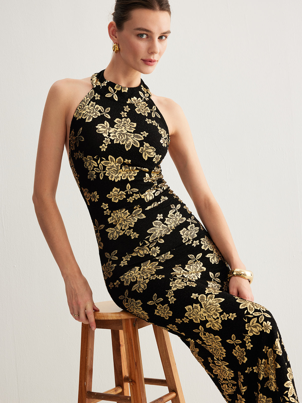 Vestido Halter Retro Ajustado Sin Espalda Con Cuello Alto