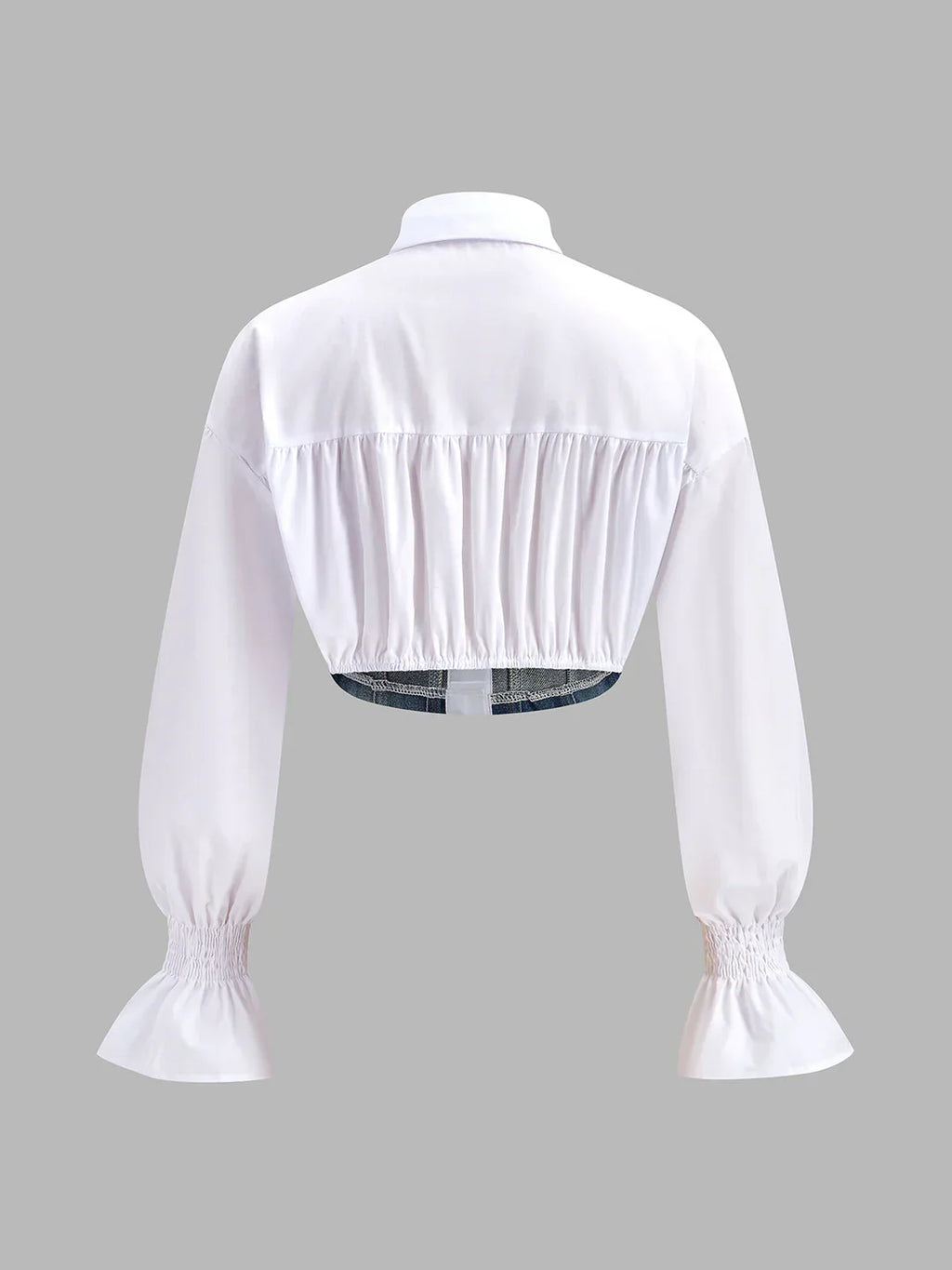 Blusa Corsé de Denim con Mangas Globo y Cuello Blanco