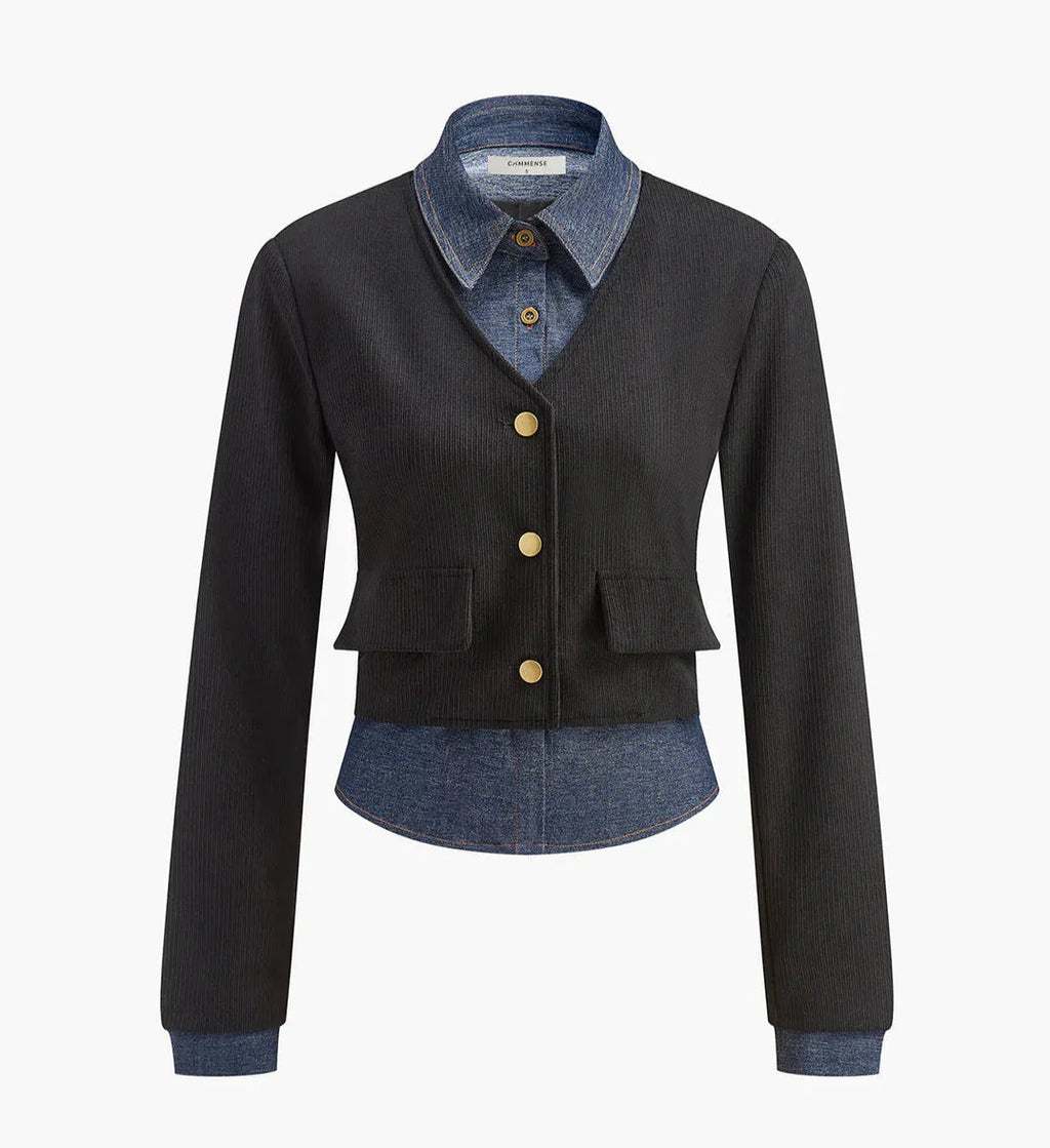 Blusa Bardot Elegante Con Detalle Denim Y Botones Dorados