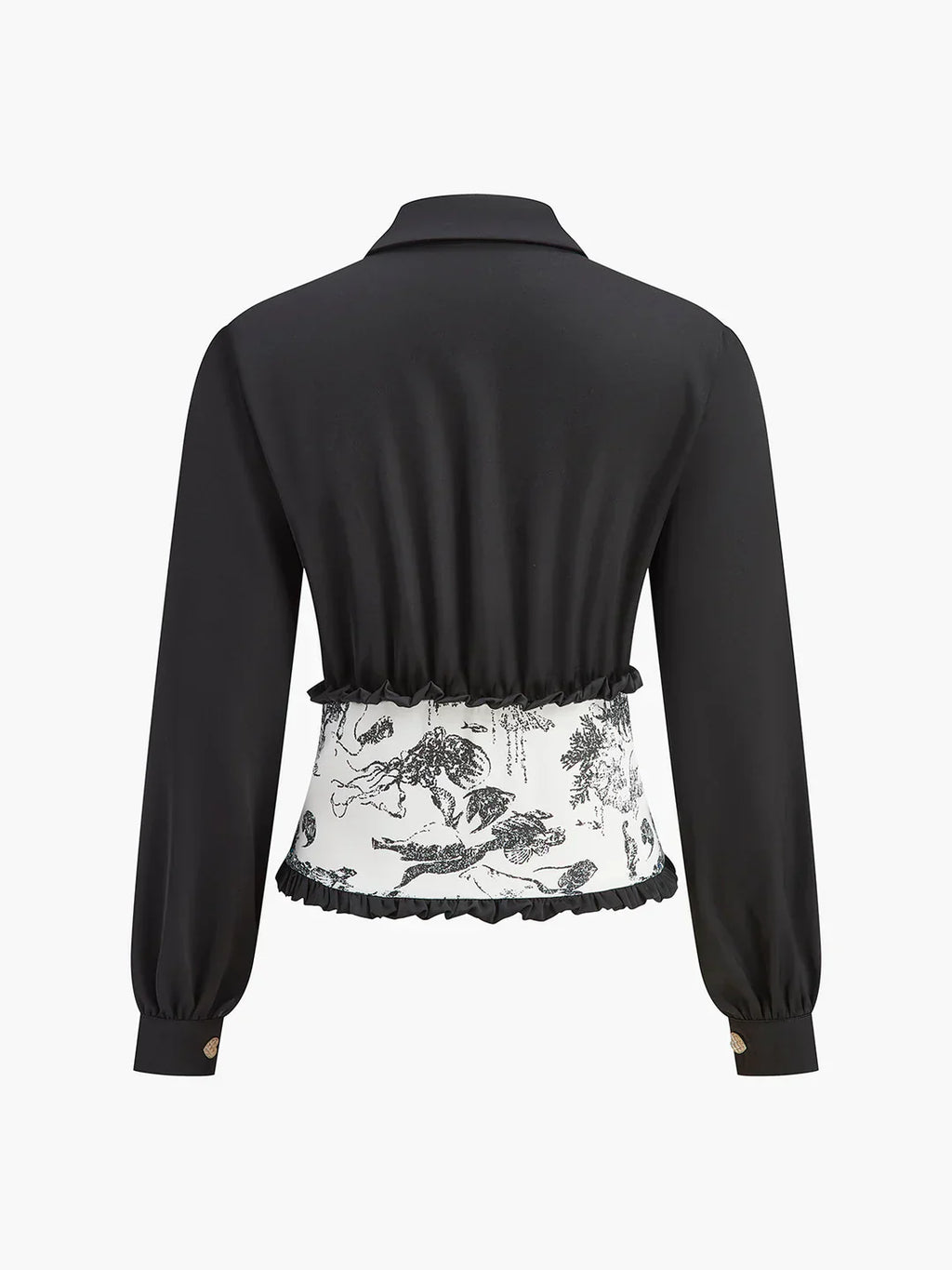 Blusa Elegante Con Plisado Estampado Pastoral Blanco Negro