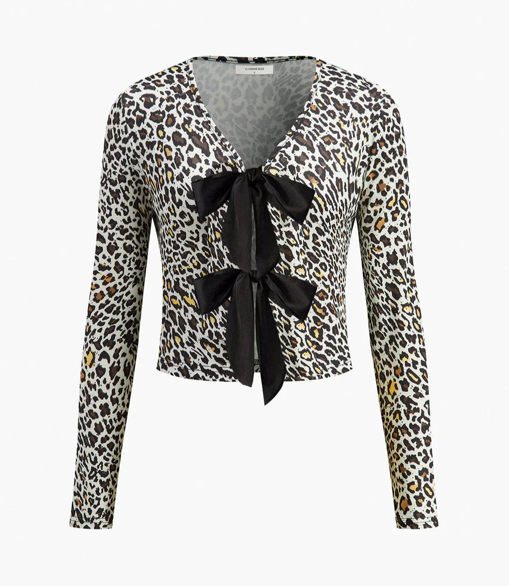 Blusa Marfil Con Estampado De Leopardo Y Lazos Frontales
