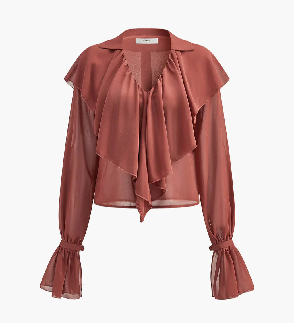 Blusa De Perlas Con Tejido Transparente Y Volantes En Cuello