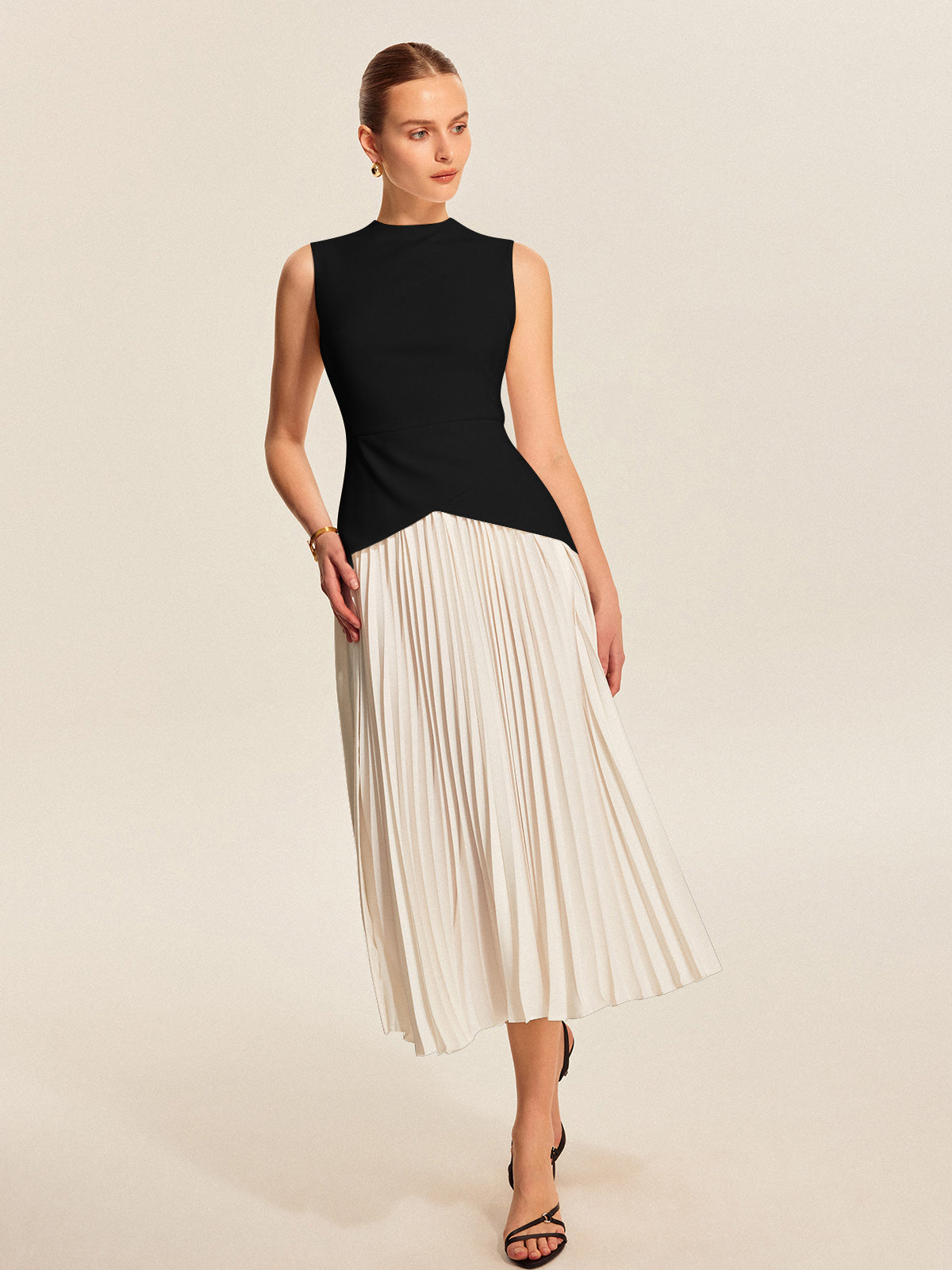 Vestido Plisado Sin Mangas Silueta Elegante Cuello Redondo