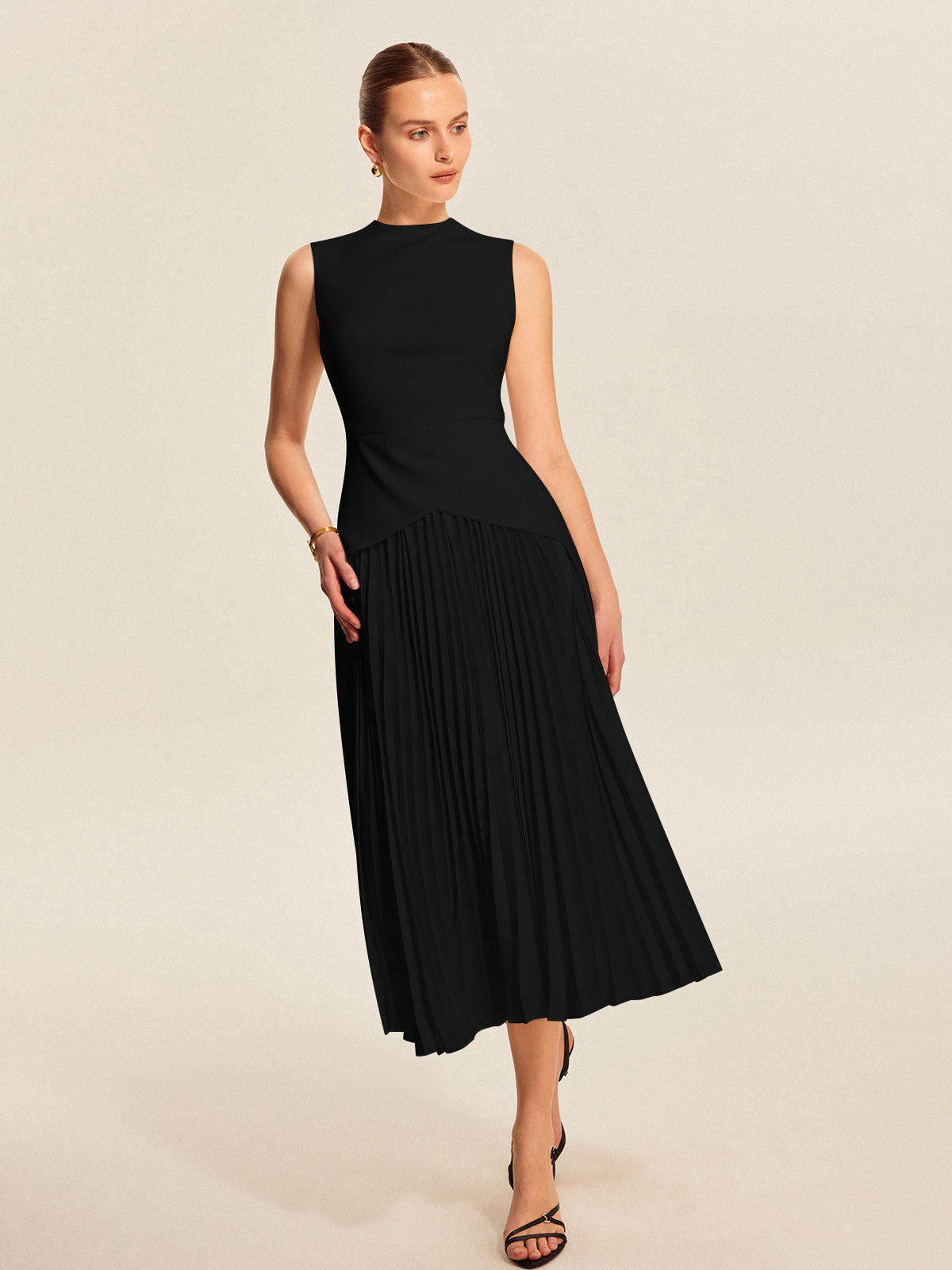 Vestido Plisado Sin Mangas Silueta Elegante Cuello Redondo