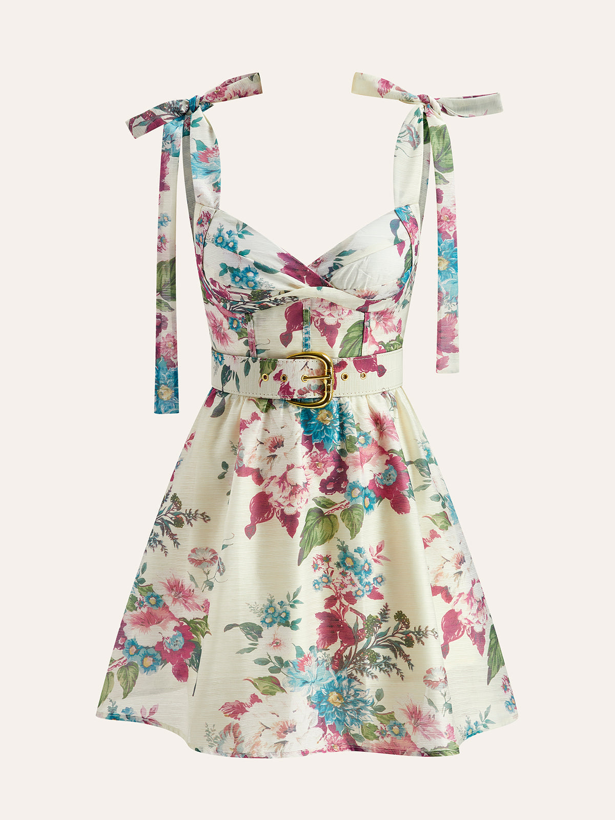 Vestido Elegante Floral Con Tirantes Finos Cinturón