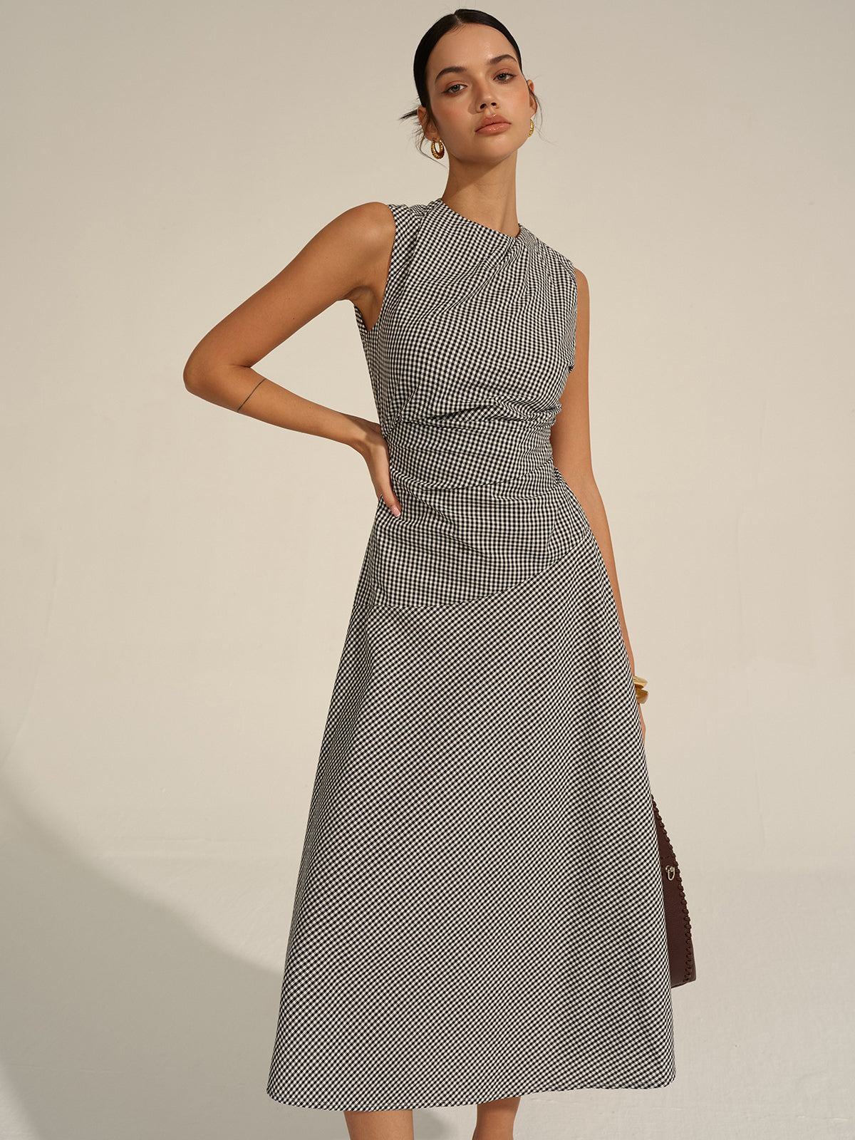 Vestido Midi Gingham Con Cuello Camisero Y Abertura Mujer