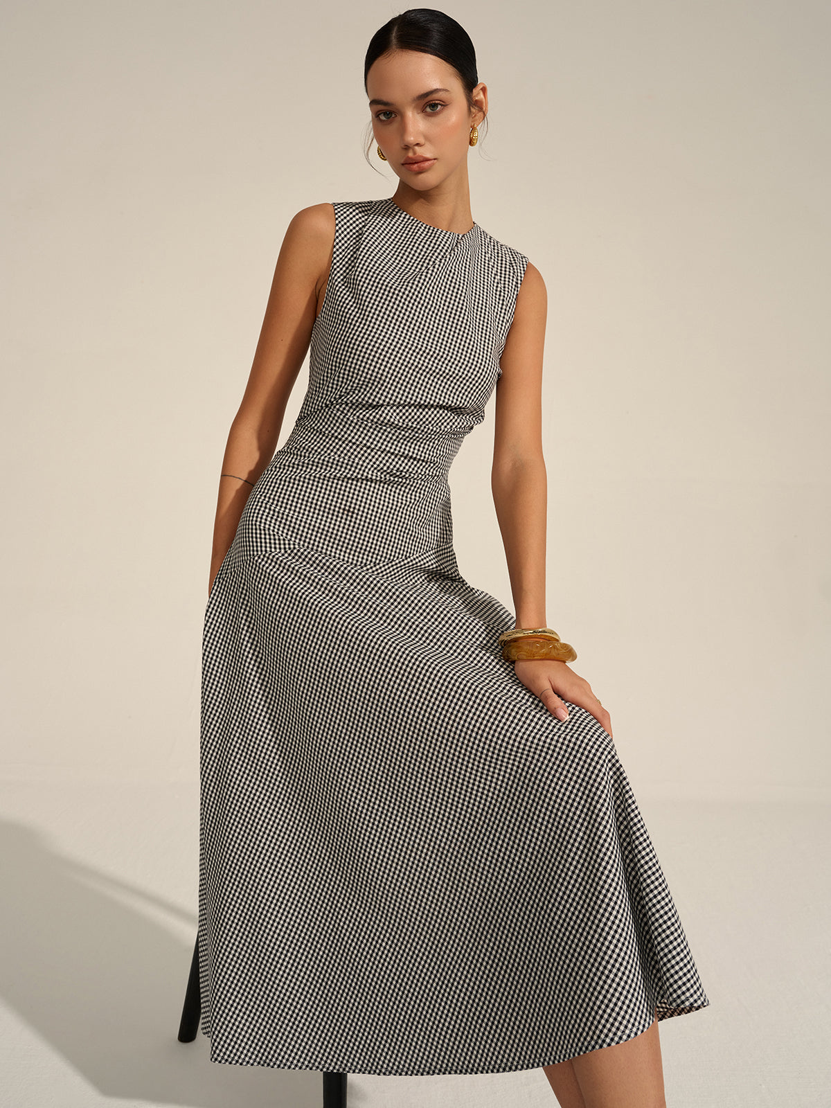 Vestido Midi Gingham Con Cuello Camisero Y Abertura Mujer
