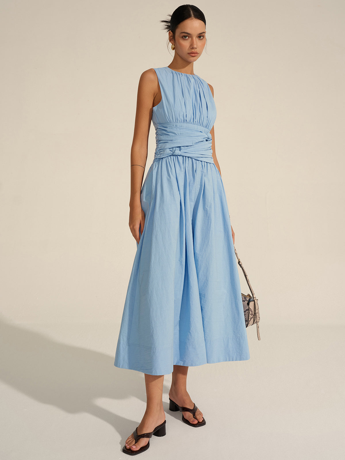 Vestido Maxi Volante Cintura Tejido Textura Cuello Redondo