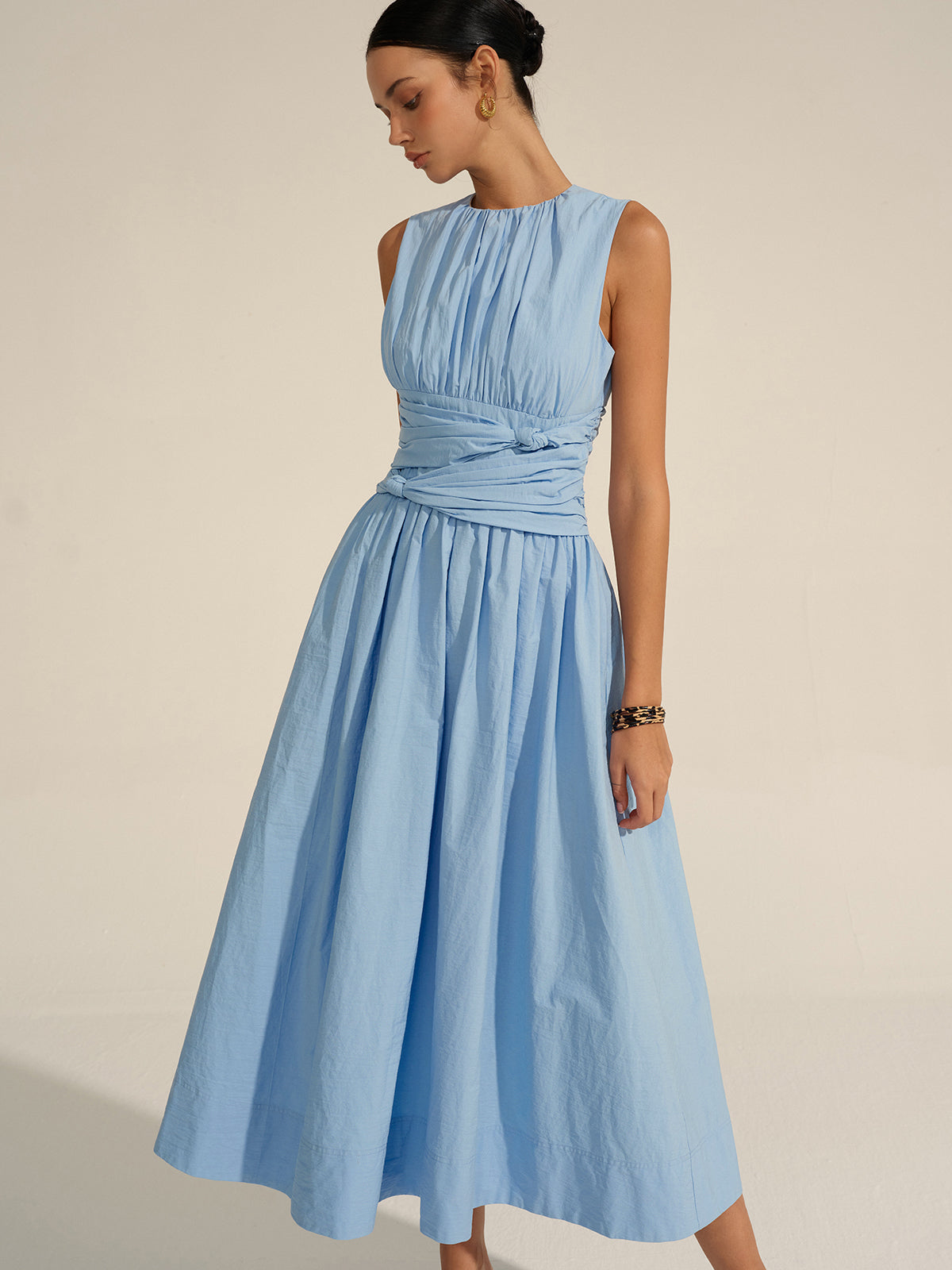 Vestido Maxi Volante Cintura Tejido Textura Cuello Redondo