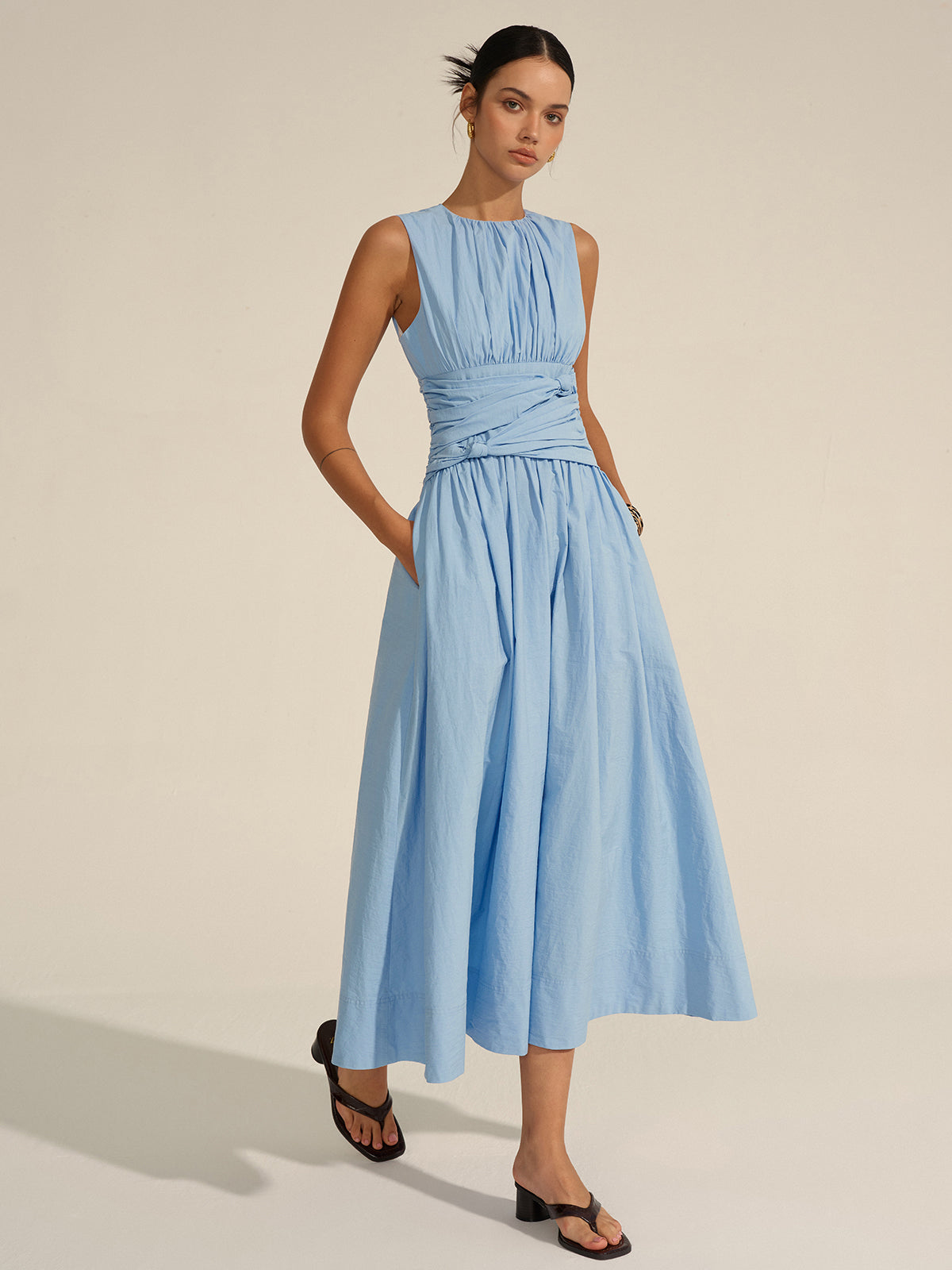 Vestido Maxi Volante Cintura Tejido Textura Cuello Redondo
