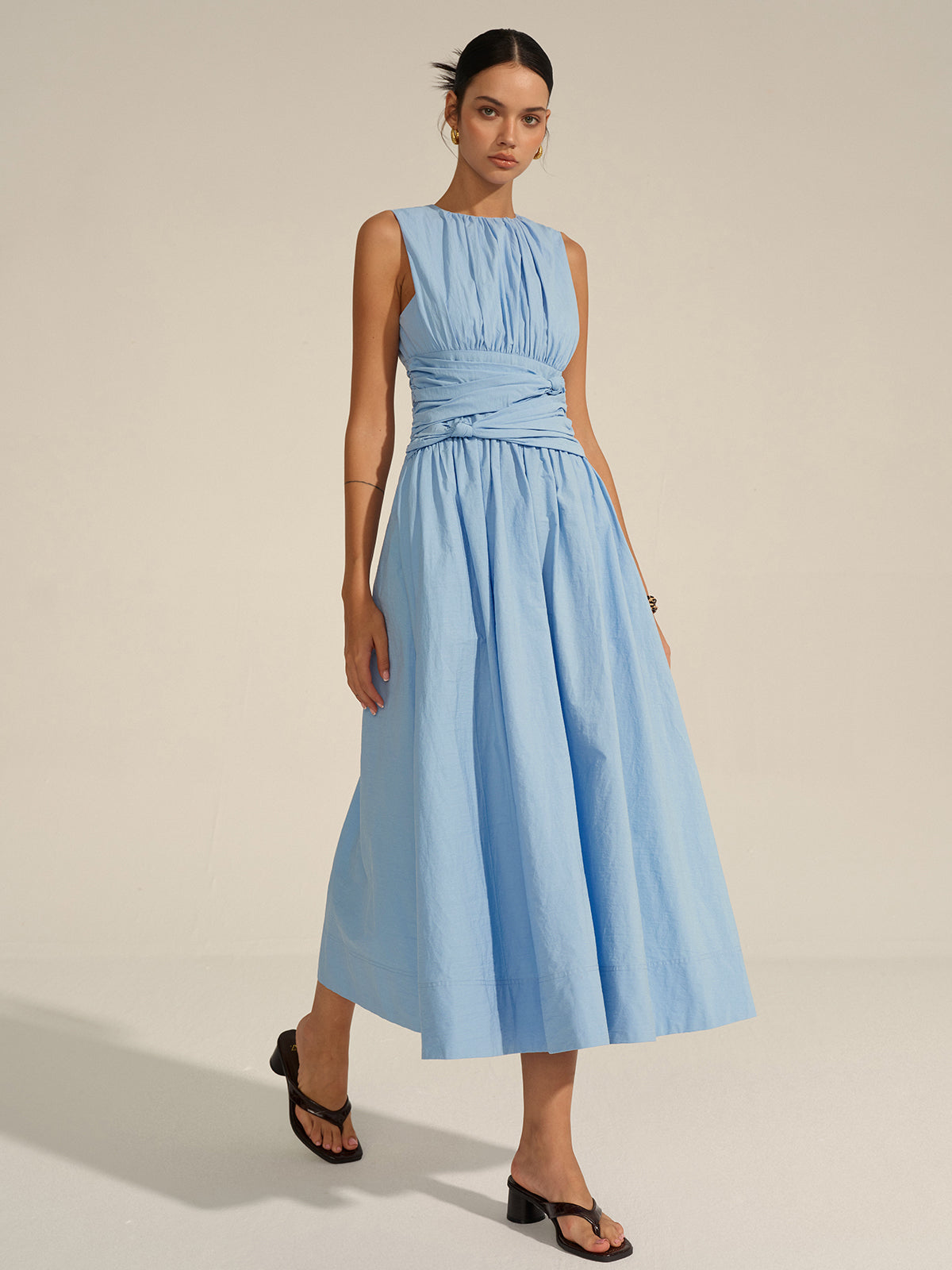 Vestido Maxi Volante Cintura Tejido Textura Cuello Redondo