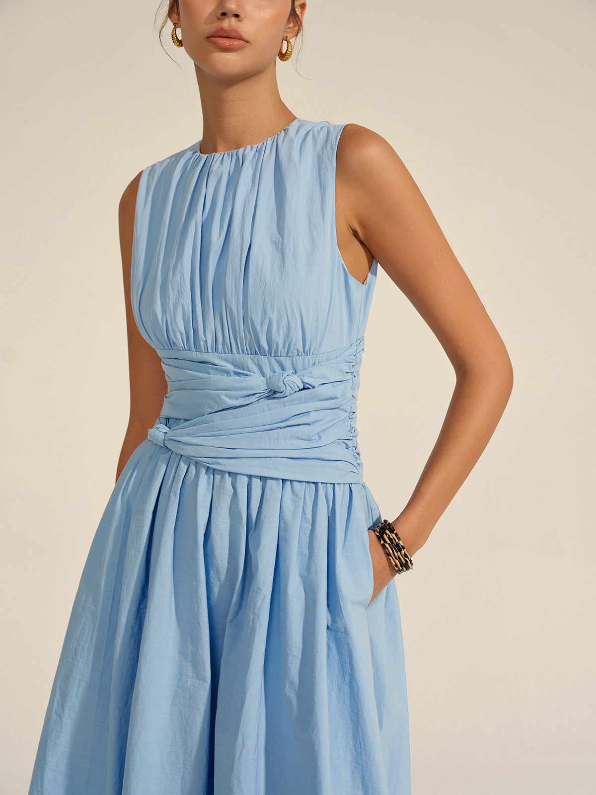 Vestido Maxi Volante Cintura Tejido Textura Cuello Redondo
