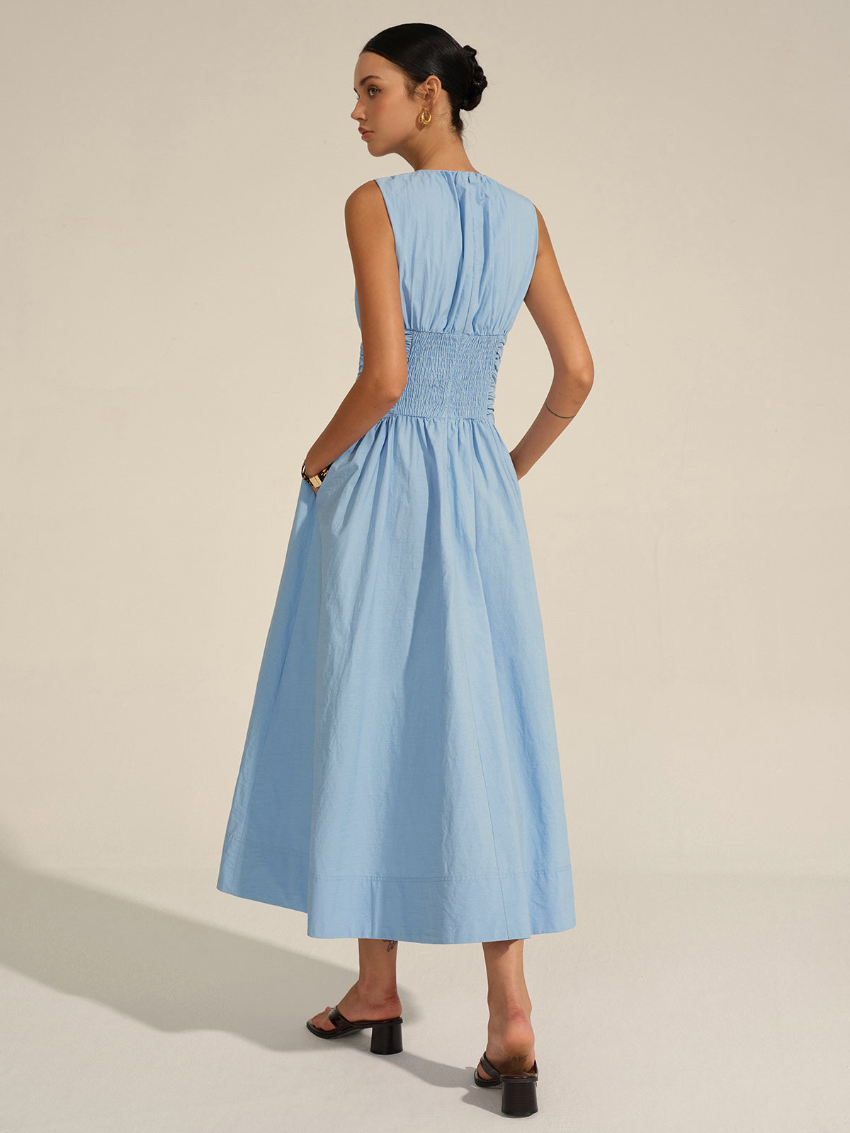 Vestido Maxi Volante Cintura Tejido Textura Cuello Redondo