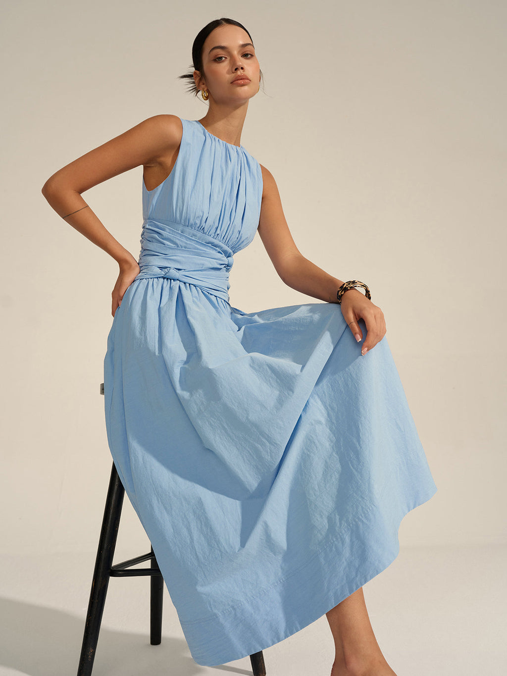 Vestido Maxi Volante Cintura Tejido Textura Cuello Redondo