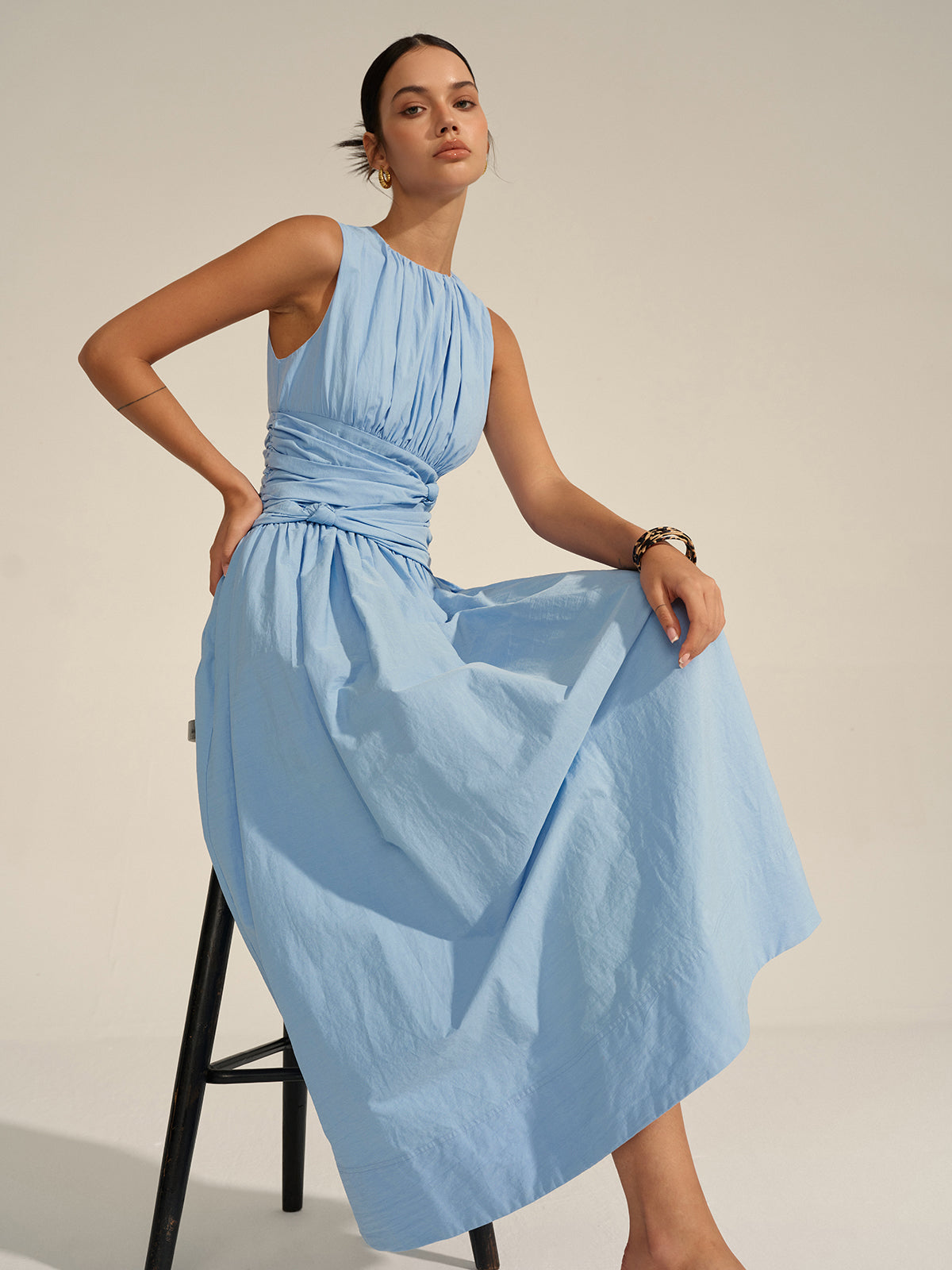 Vestido Maxi Volante Cintura Tejido Textura Cuello Redondo