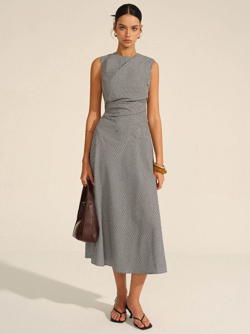 Vestido Midi Gingham Con Cuello Camisero Y Abertura Mujer