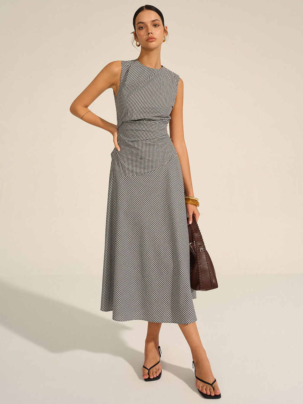 Vestido Midi Gingham Con Cuello Camisero Y Abertura Mujer