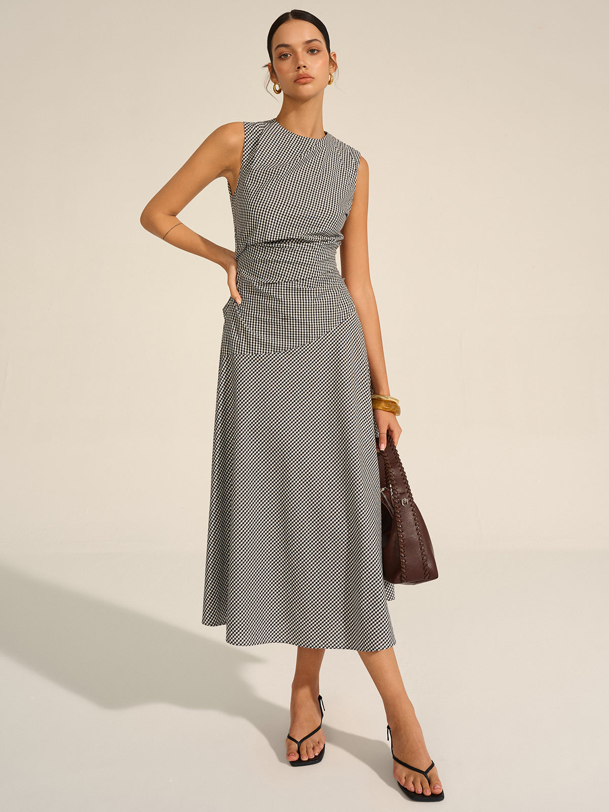 Vestido Midi Gingham Con Cuello Camisero Y Abertura Mujer