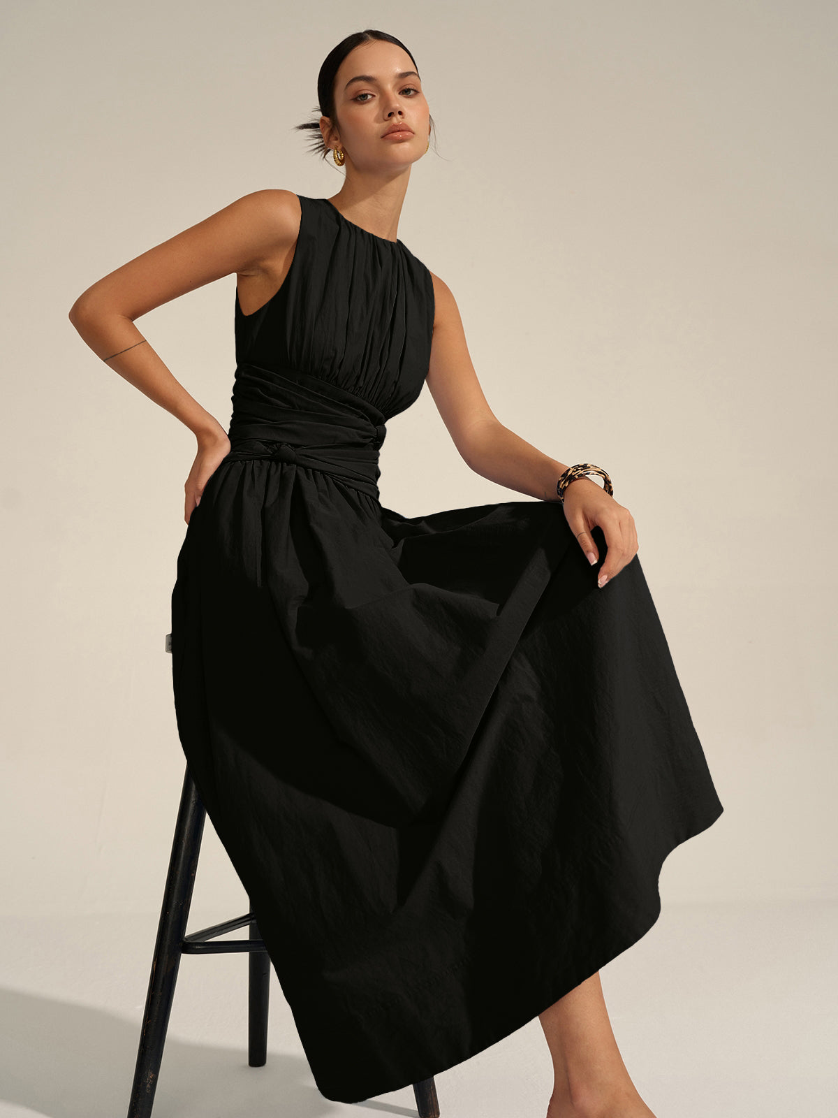 Vestido Maxi Volante Cintura Tejido Textura Cuello Redondo