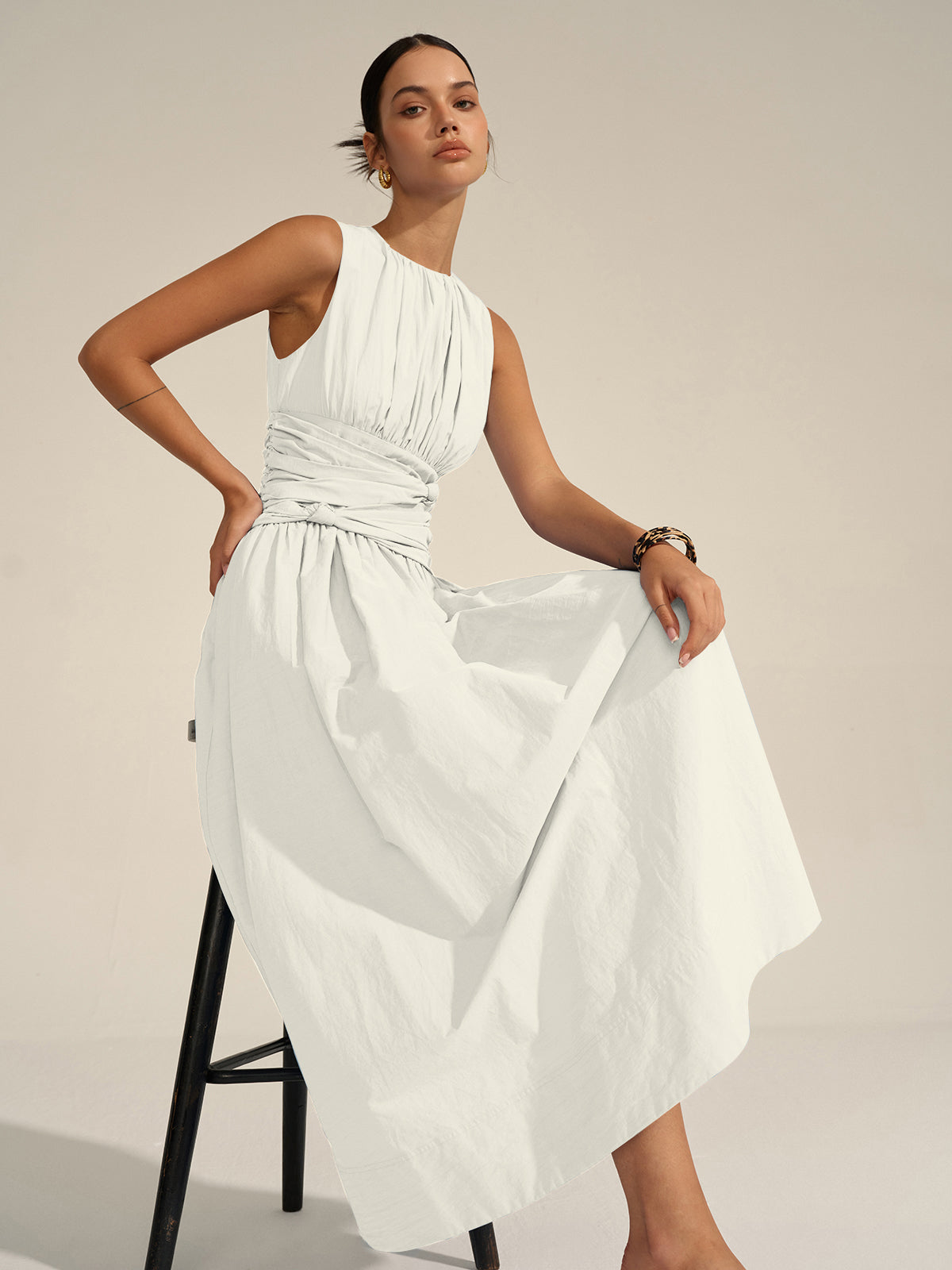 Vestido Maxi Volante Cintura Tejido Textura Cuello Redondo