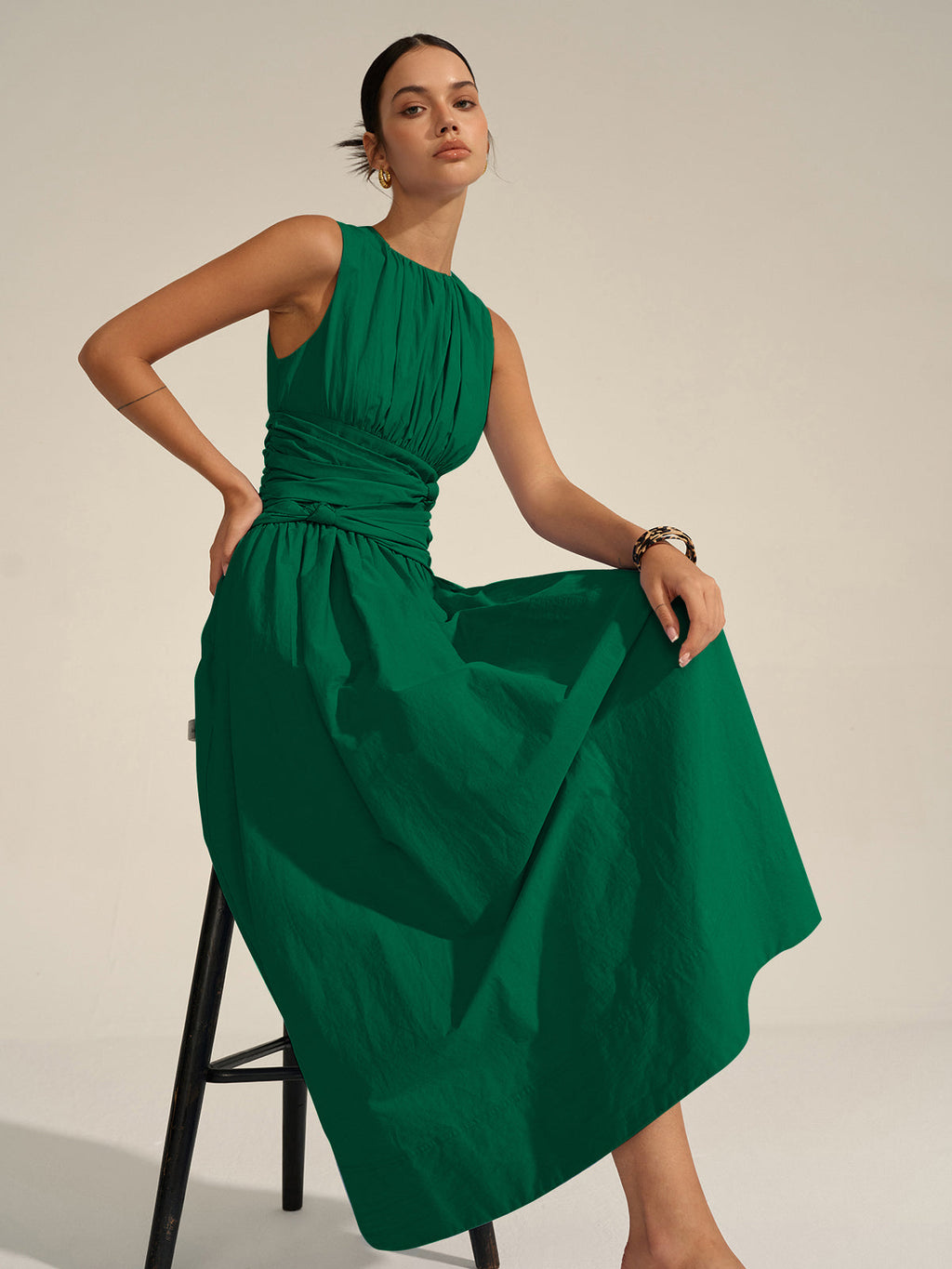 Vestido Maxi Volante Cintura Tejido Textura Cuello Redondo