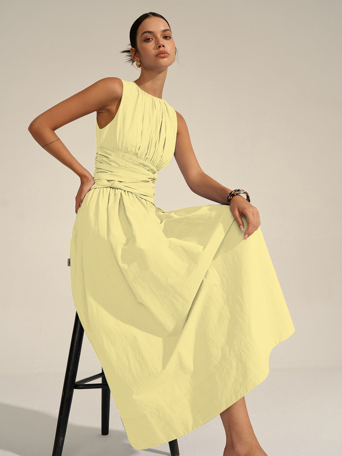 Vestido Maxi Volante Cintura Tejido Textura Cuello Redondo