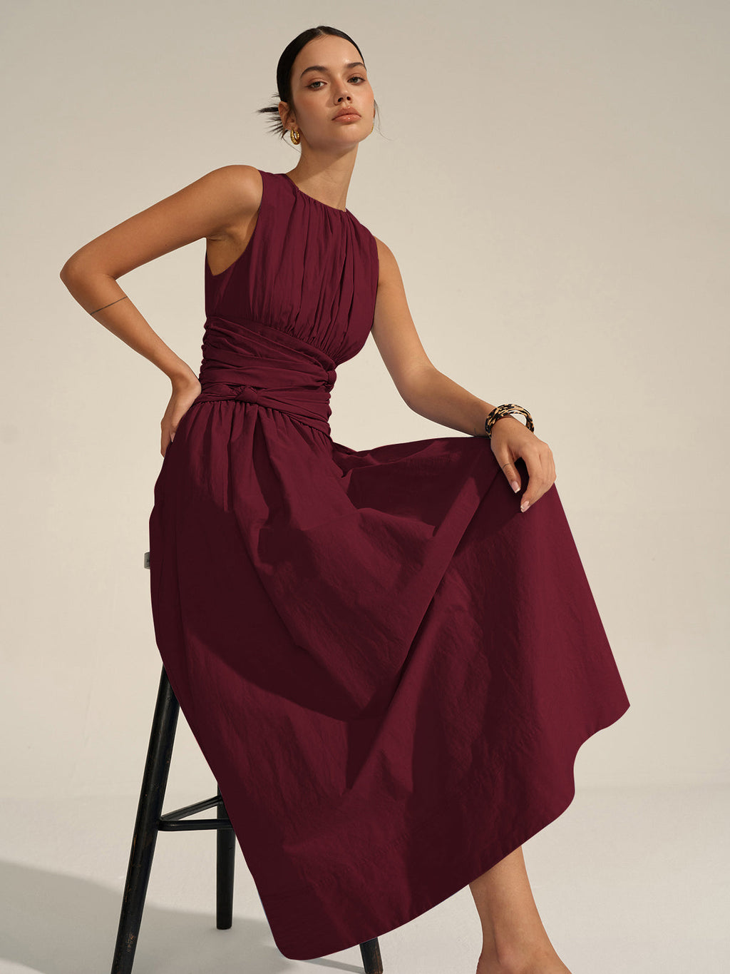 Vestido Maxi Volante Cintura Tejido Textura Cuello Redondo