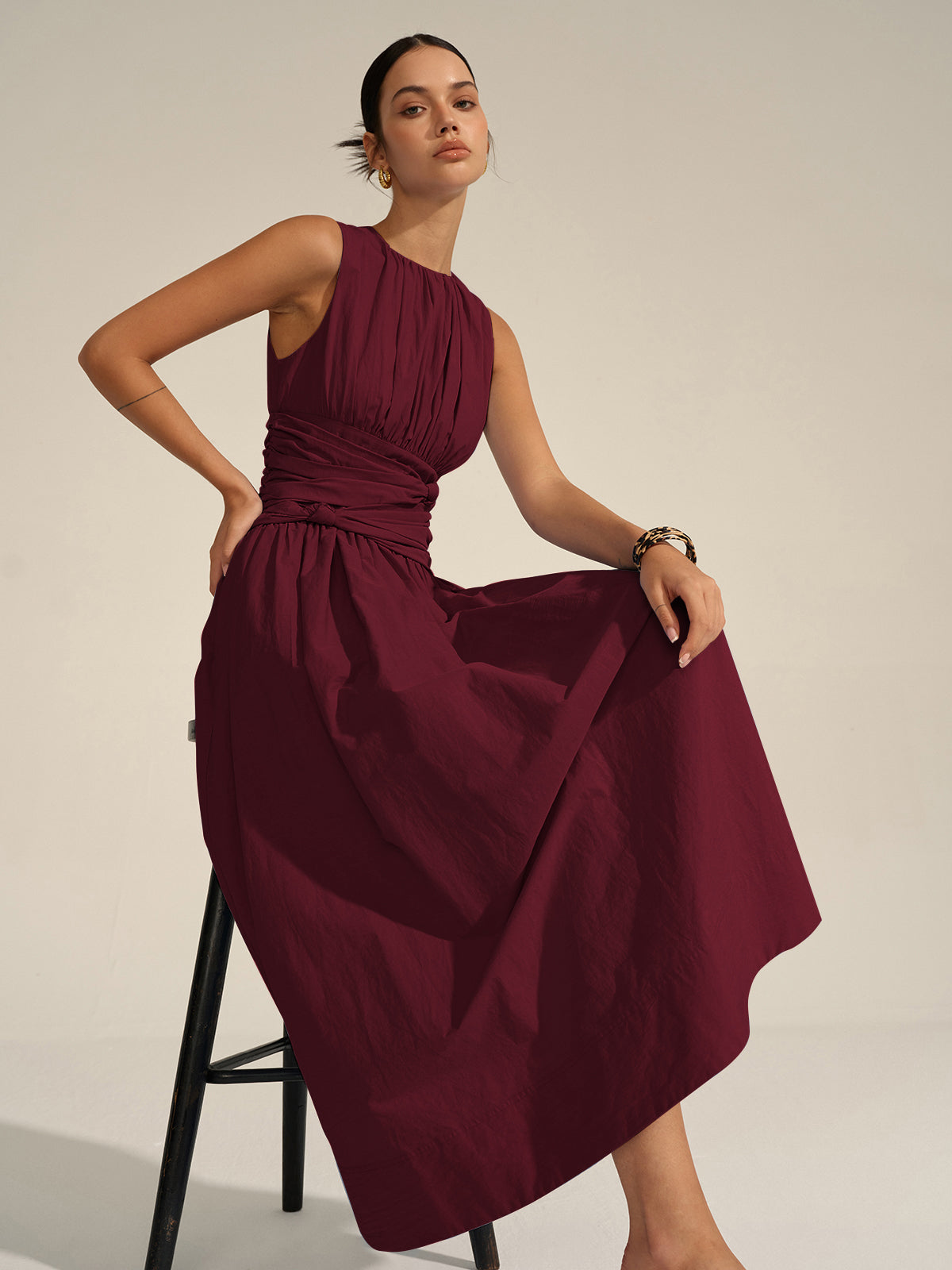 Vestido Maxi Volante Cintura Tejido Textura Cuello Redondo