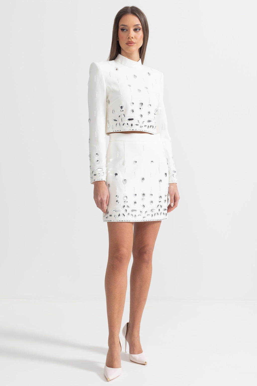 Conjunto Dos Piezas Falda Mini Diamantes Blanco Elegante
