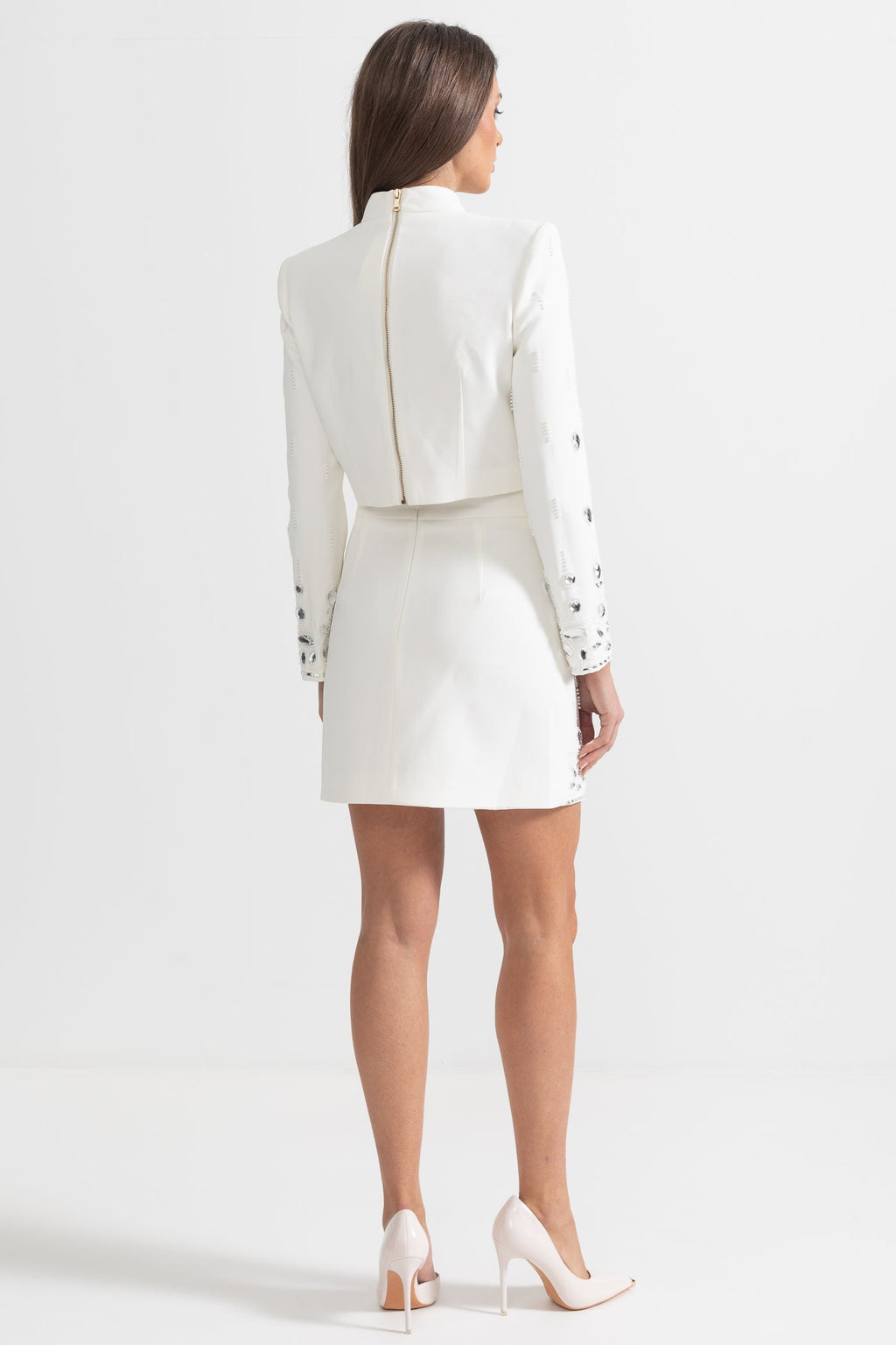 Conjunto Dos Piezas Falda Mini Diamantes Blanco Elegante