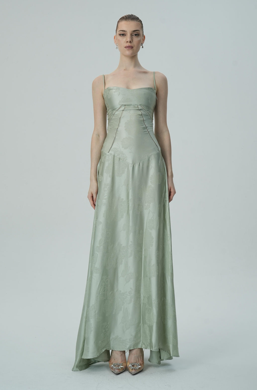 Vestido Maxi Jacquard Satín Floral Lavanda Para Mujer