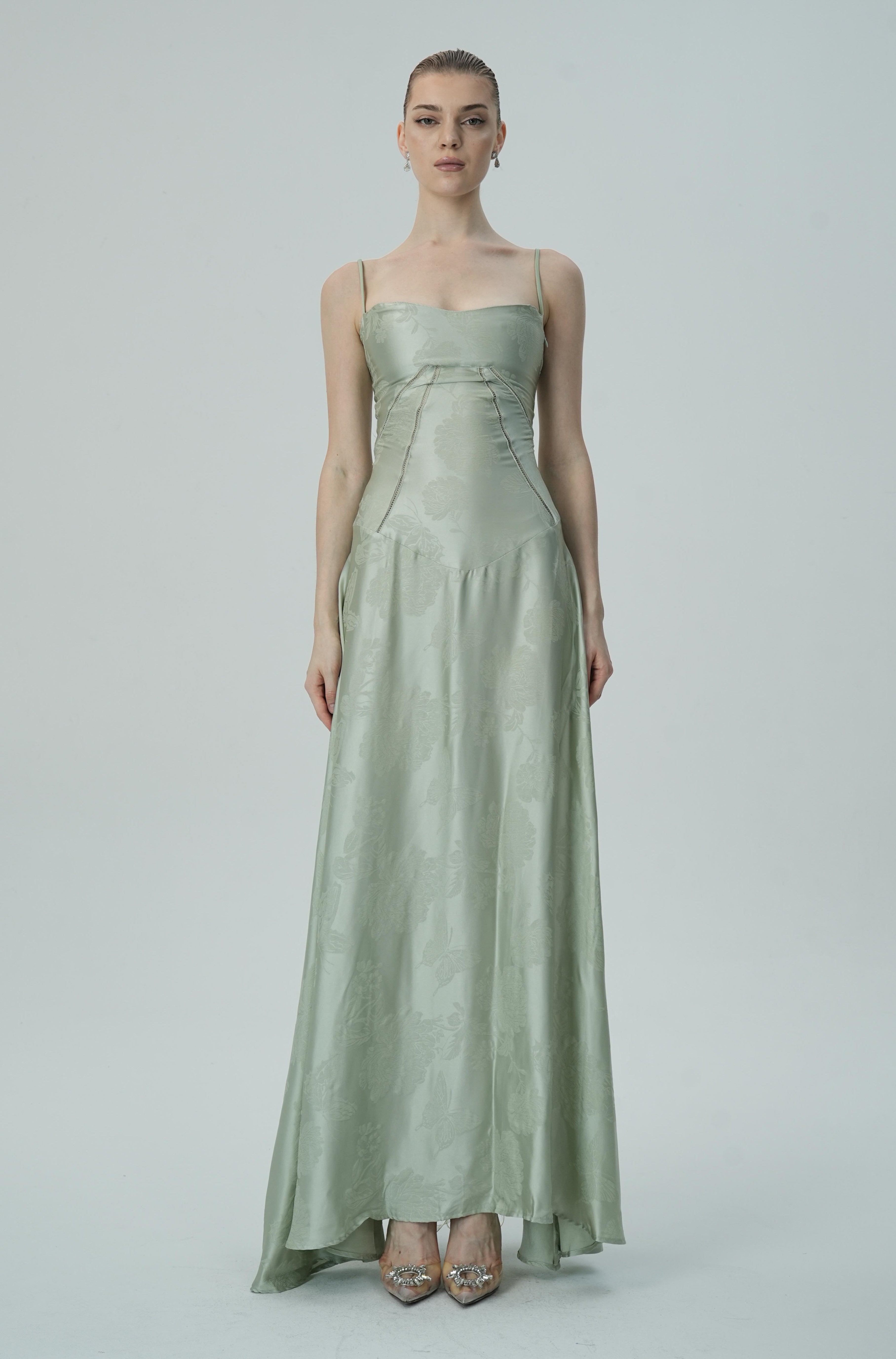 Vestido Maxi Jacquard Satín Floral Lavanda Para Mujer