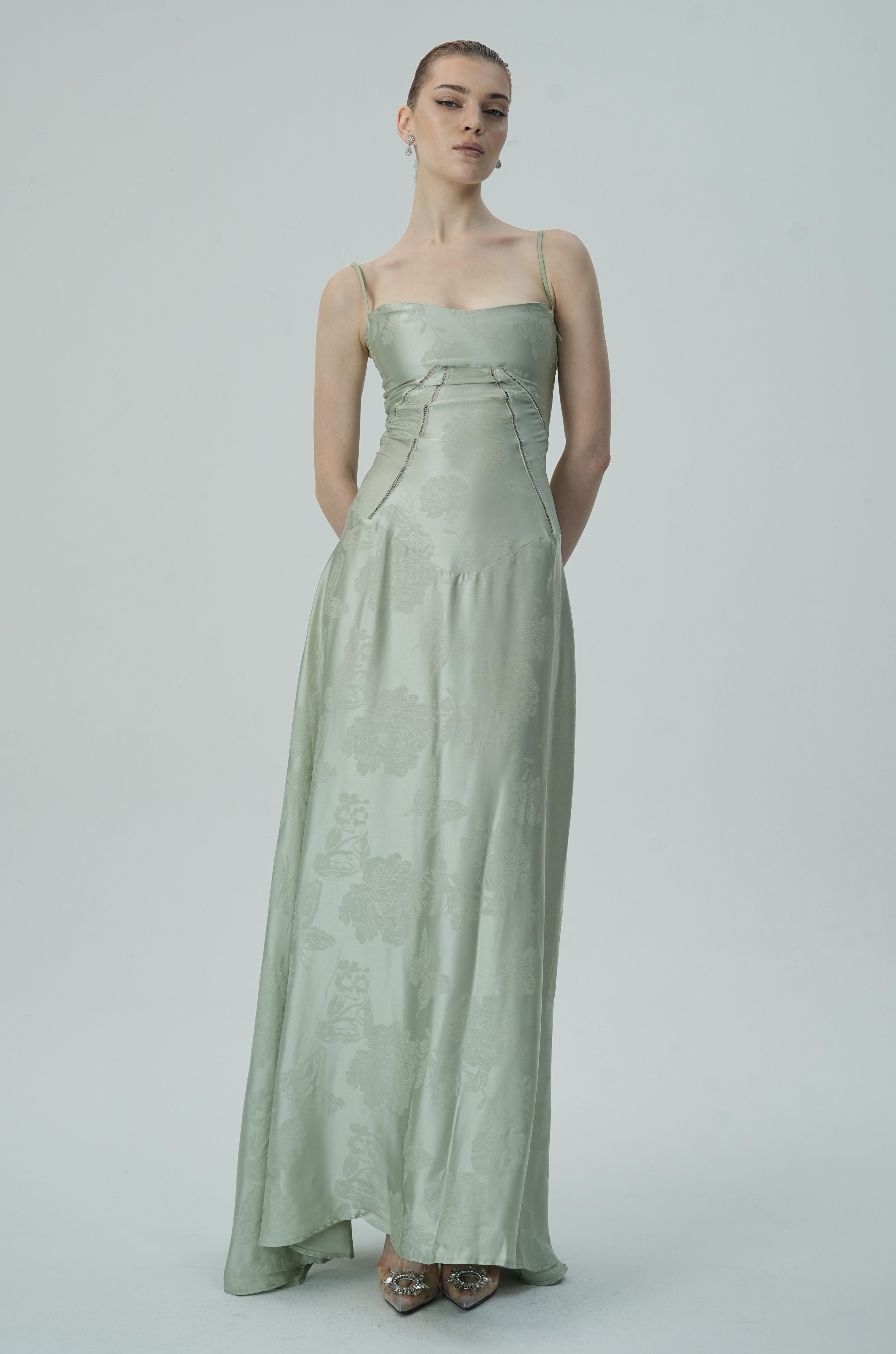 Vestido Maxi Jacquard Satín Floral Lavanda Para Mujer