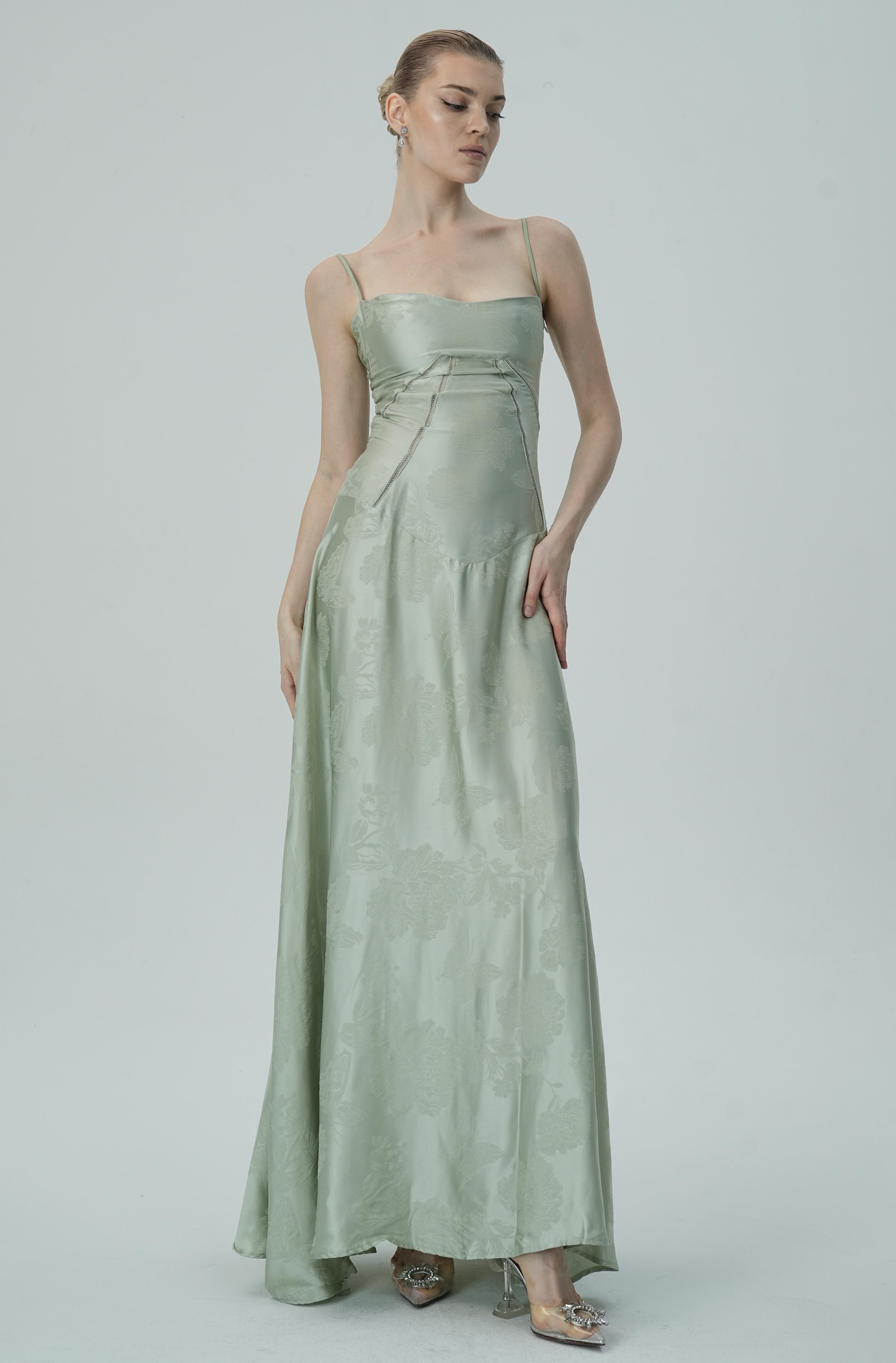 Vestido Maxi Jacquard Satín Floral Lavanda Para Mujer