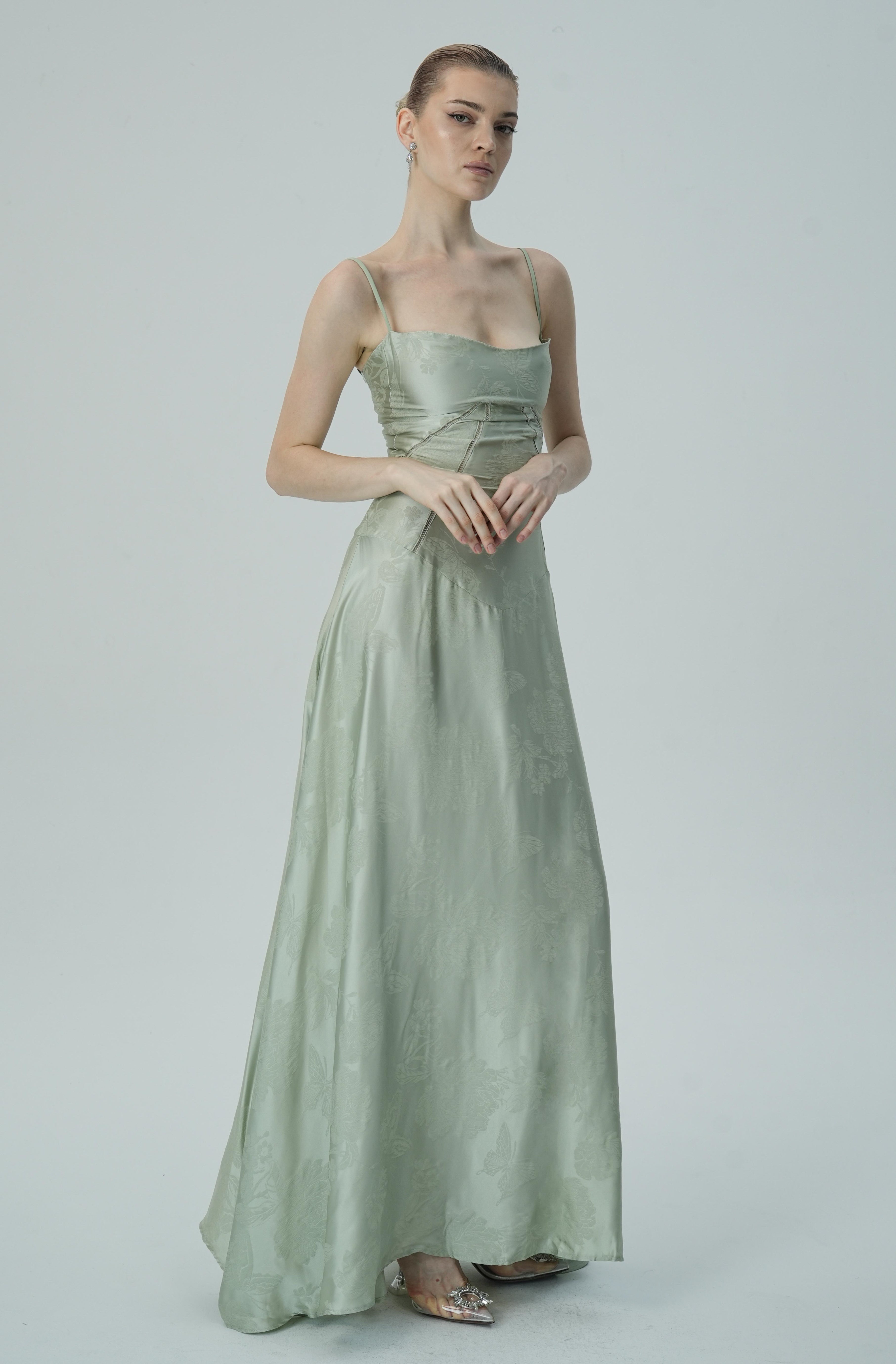 Vestido Maxi Jacquard Satín Floral Lavanda Para Mujer