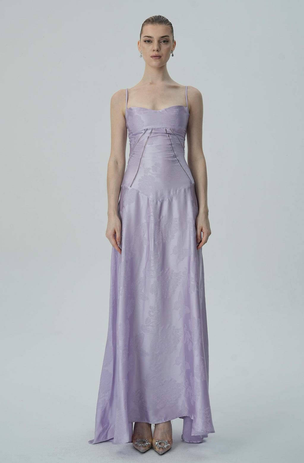 Vestido Maxi Jacquard Satín Floral Lavanda Para Mujer