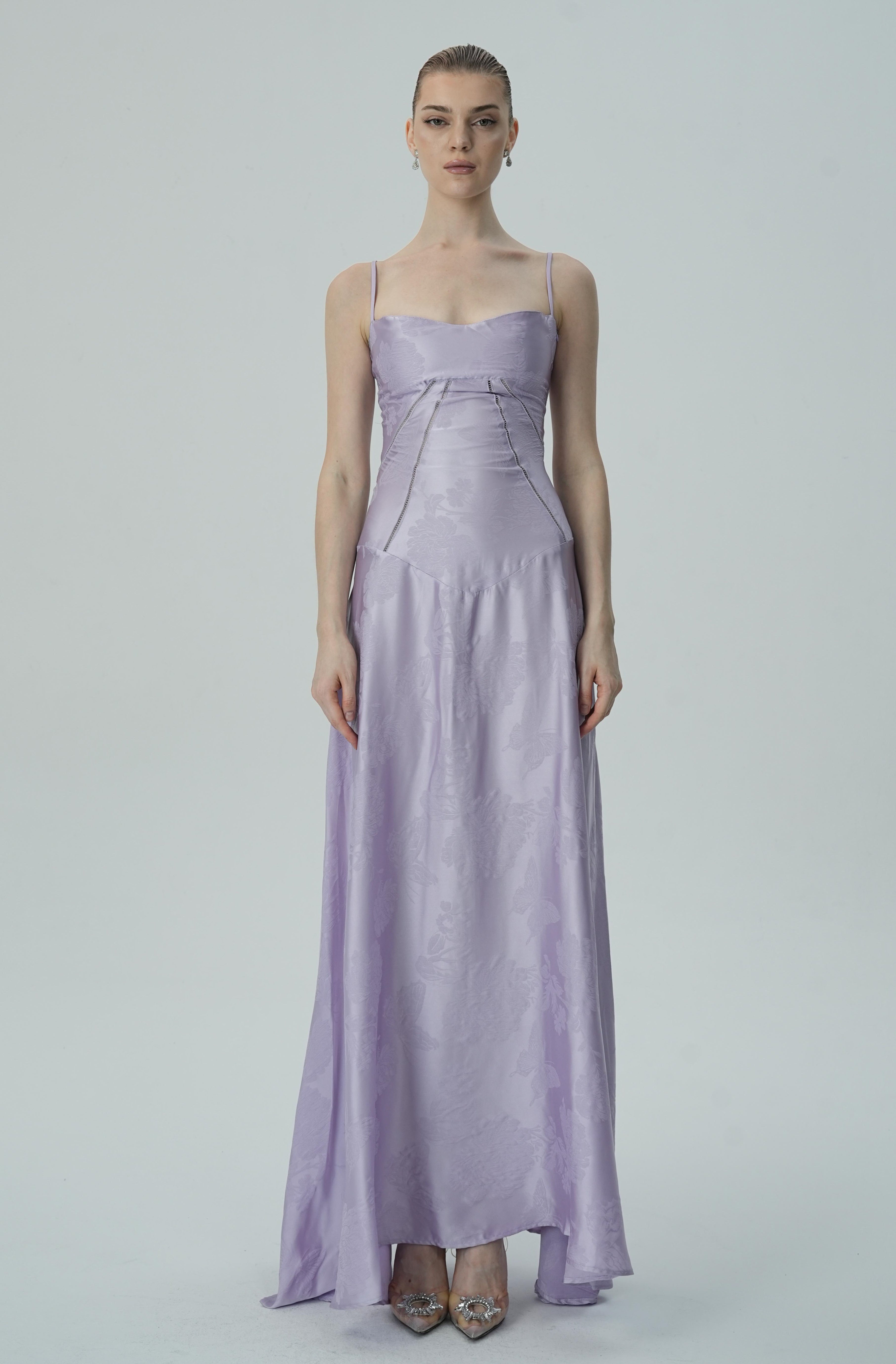 Vestido Maxi Jacquard Satín Floral Lavanda Para Mujer
