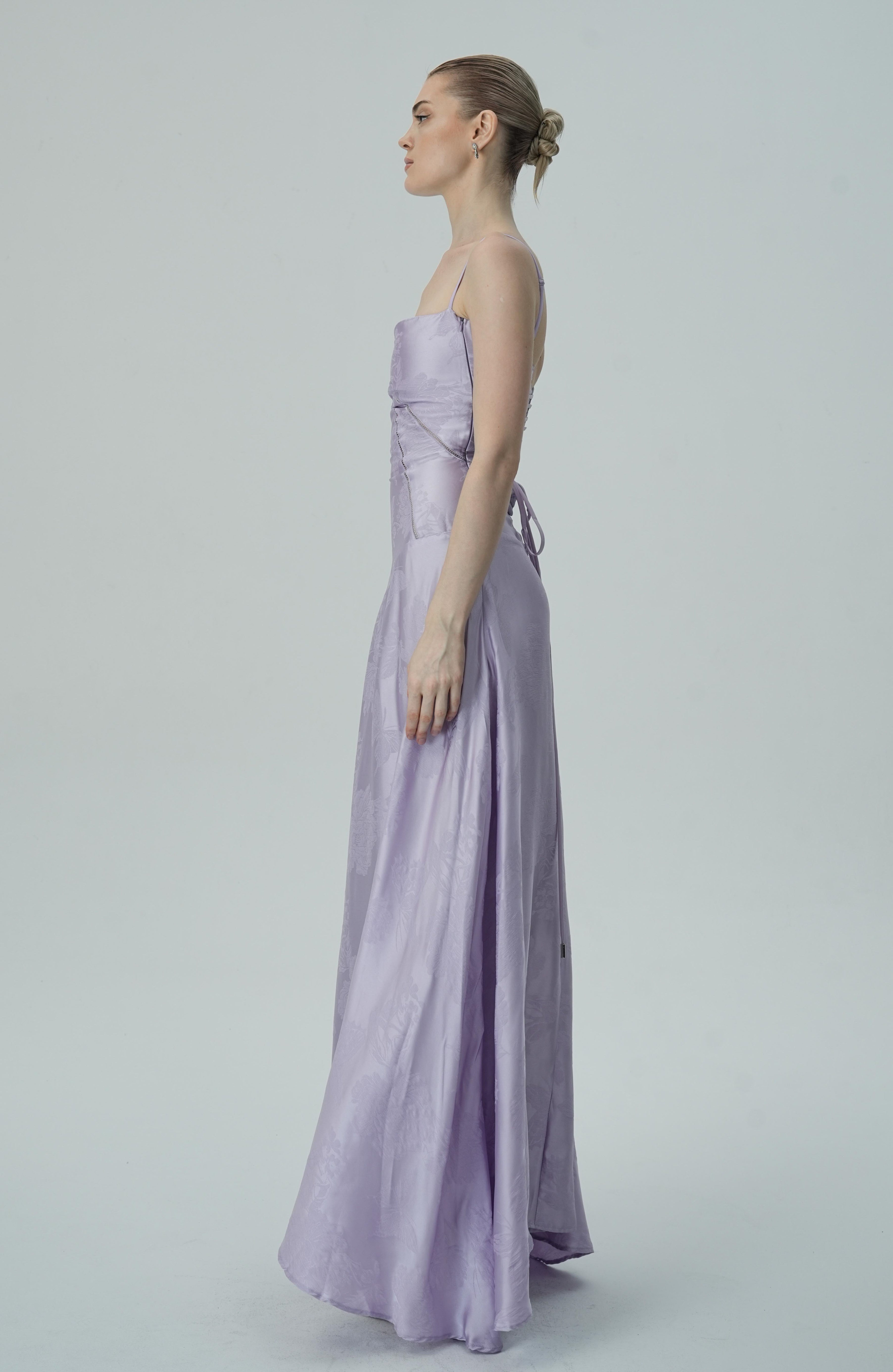 Vestido Maxi Jacquard Satín Floral Lavanda Para Mujer